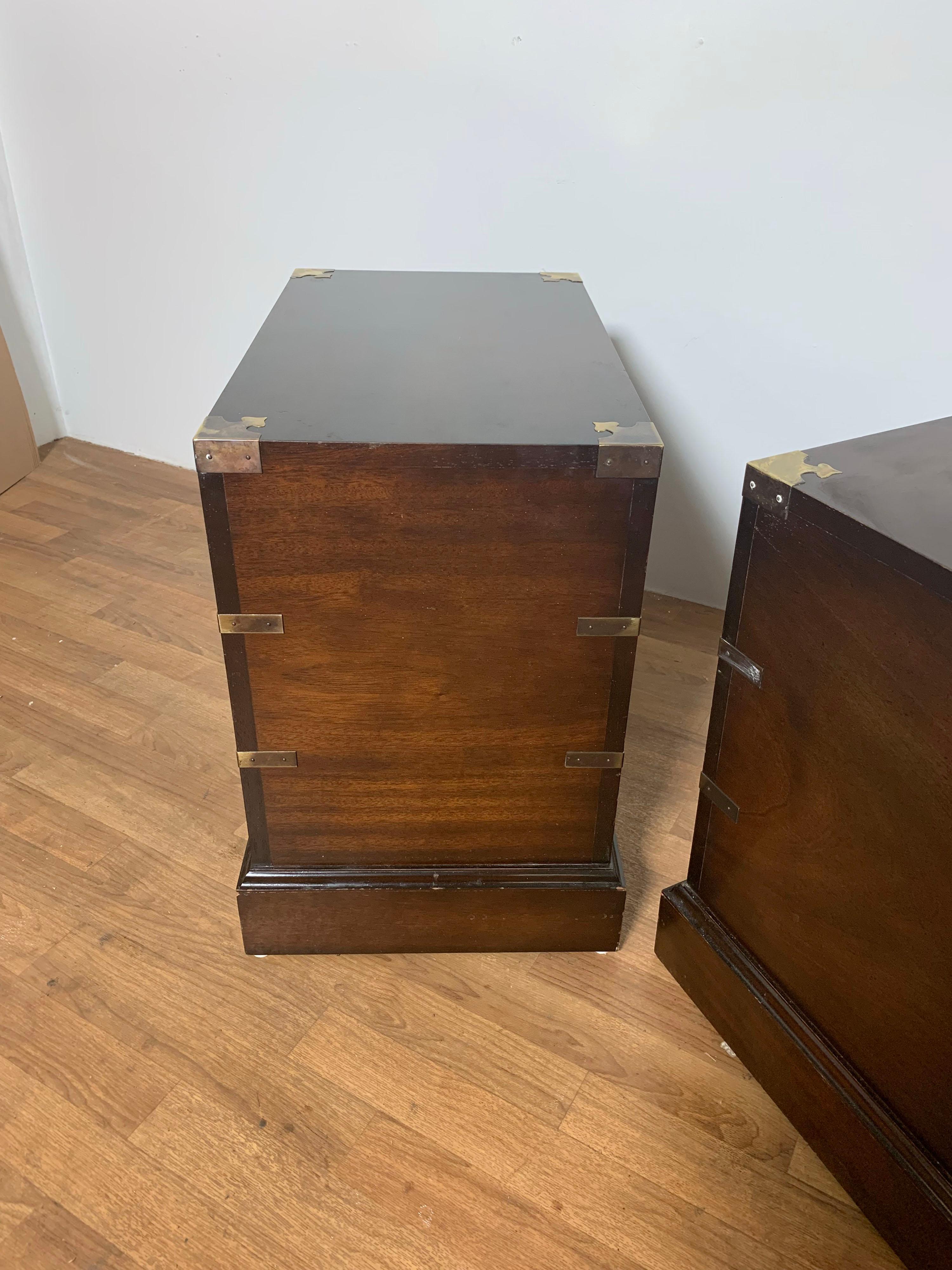 Pair of Campaign Style Three Drawer End Table Chests, Circa 1950s 7