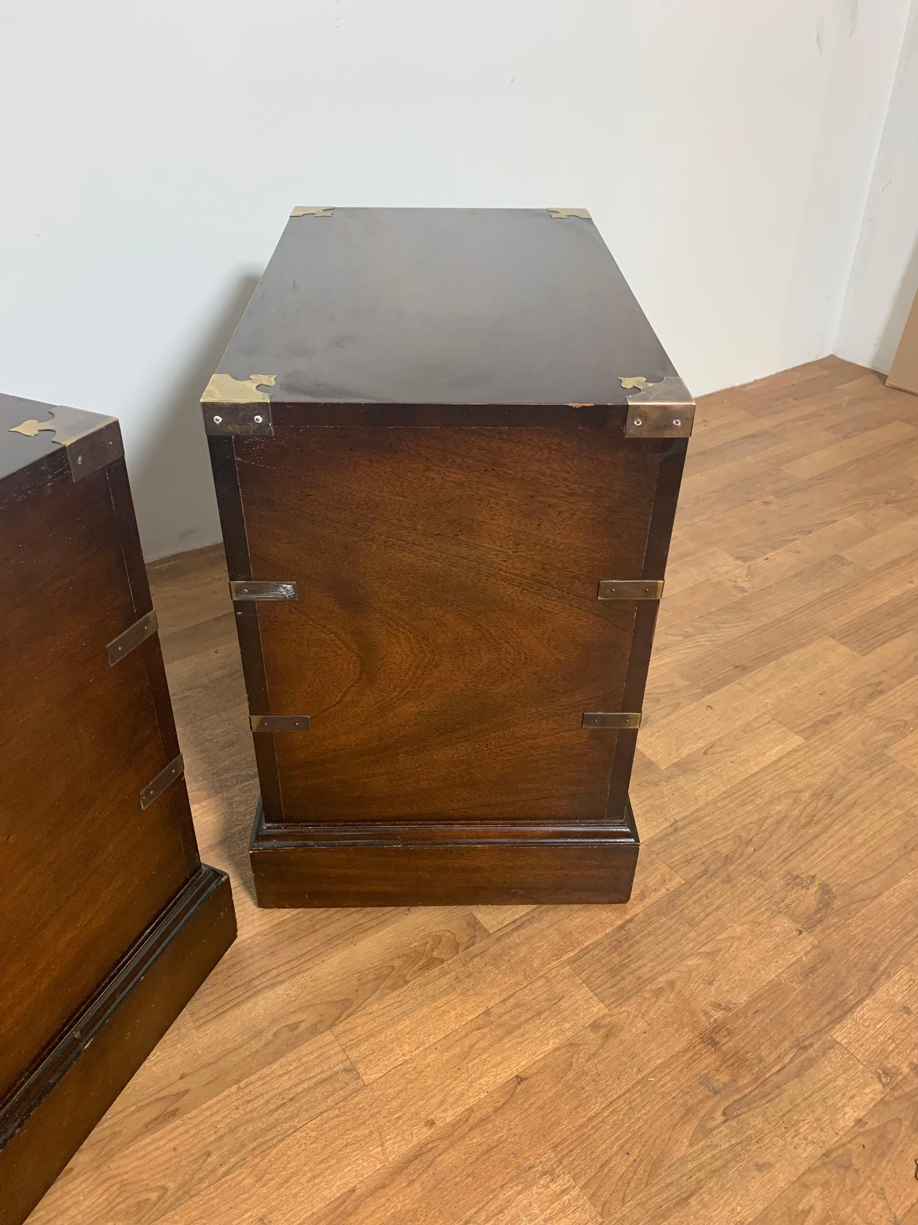 Pair of Campaign Style Three Drawer End Table Chests, Circa 1950s 8
