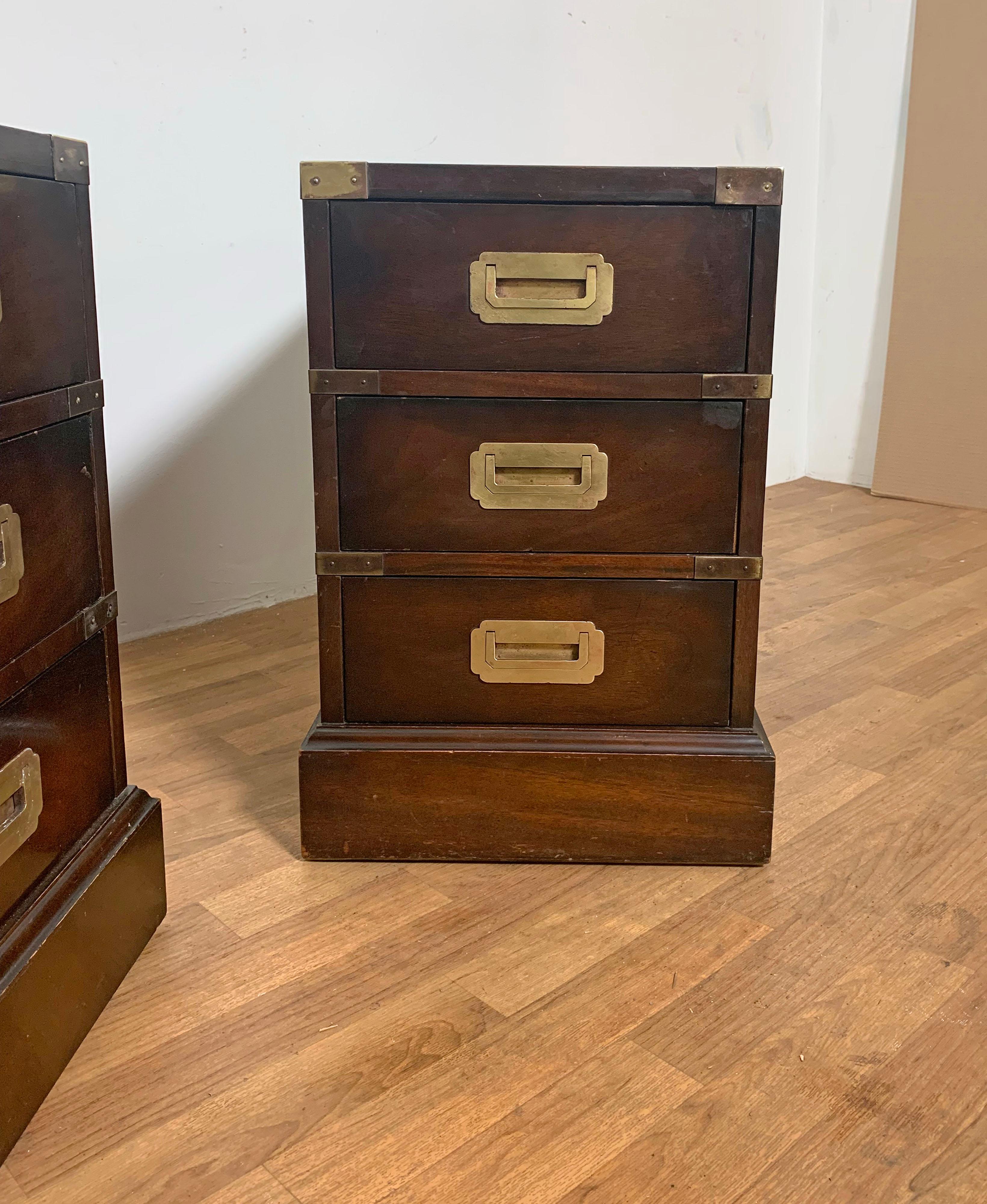 Pair of Campaign Style Three Drawer End Table Chests, Circa 1950s In Good Condition In Peabody, MA