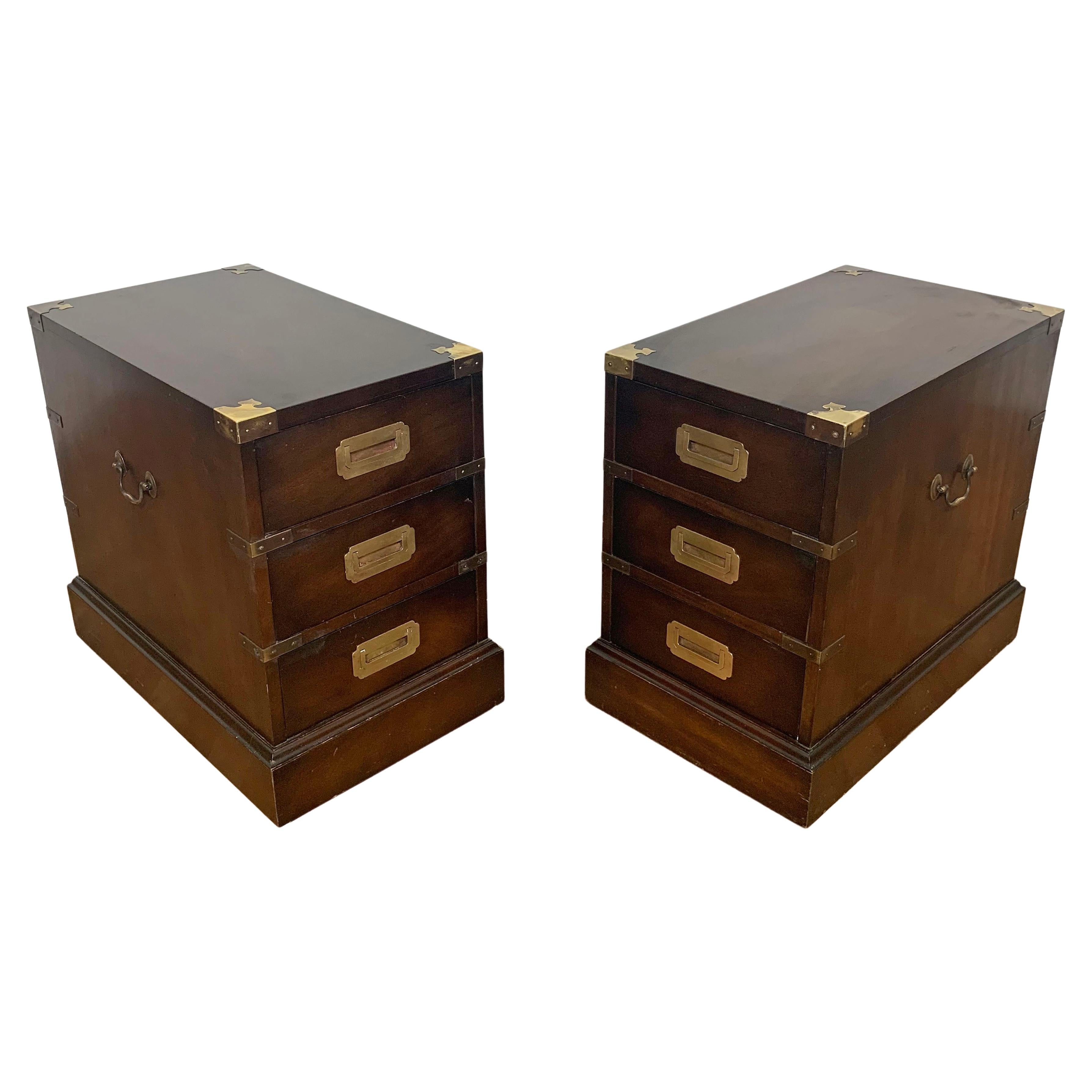 Pair of Campaign Style Three Drawer End Table Chests, Circa 1950s