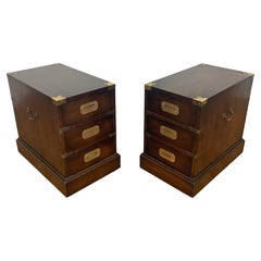 Vintage Pair of Campaign Style Three Drawer End Table Chests, Circa 1950s