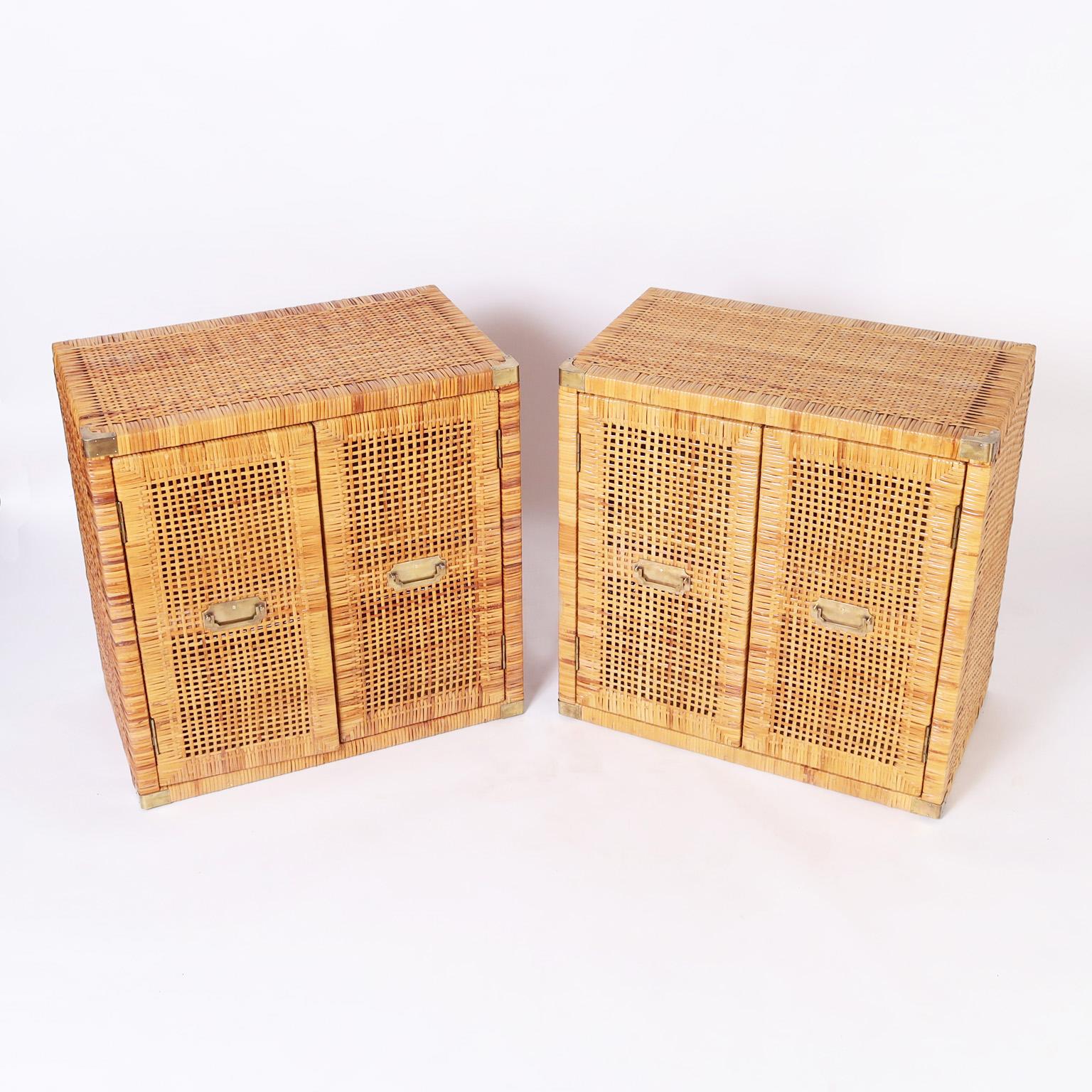 American Pair of Campaign Style Two Door Woven Wicker Stands For Sale