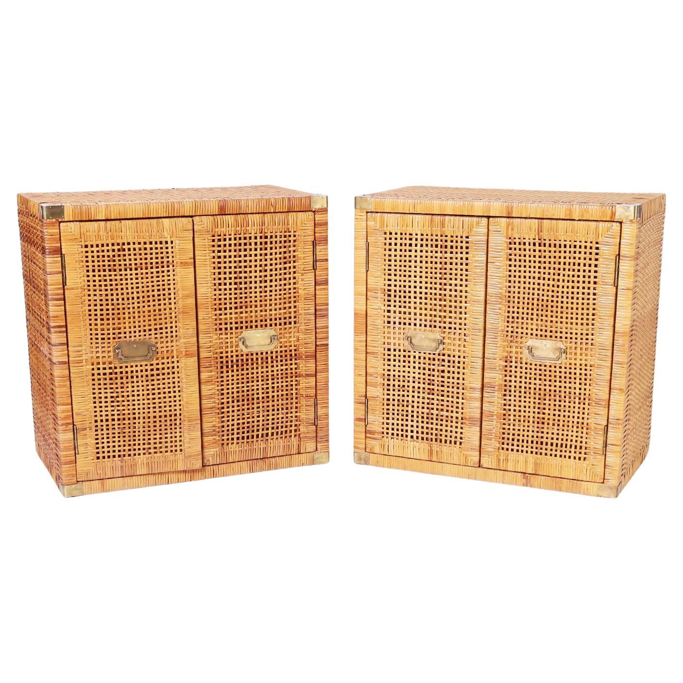 Pair of Campaign Style Two Door Woven Wicker Stands For Sale