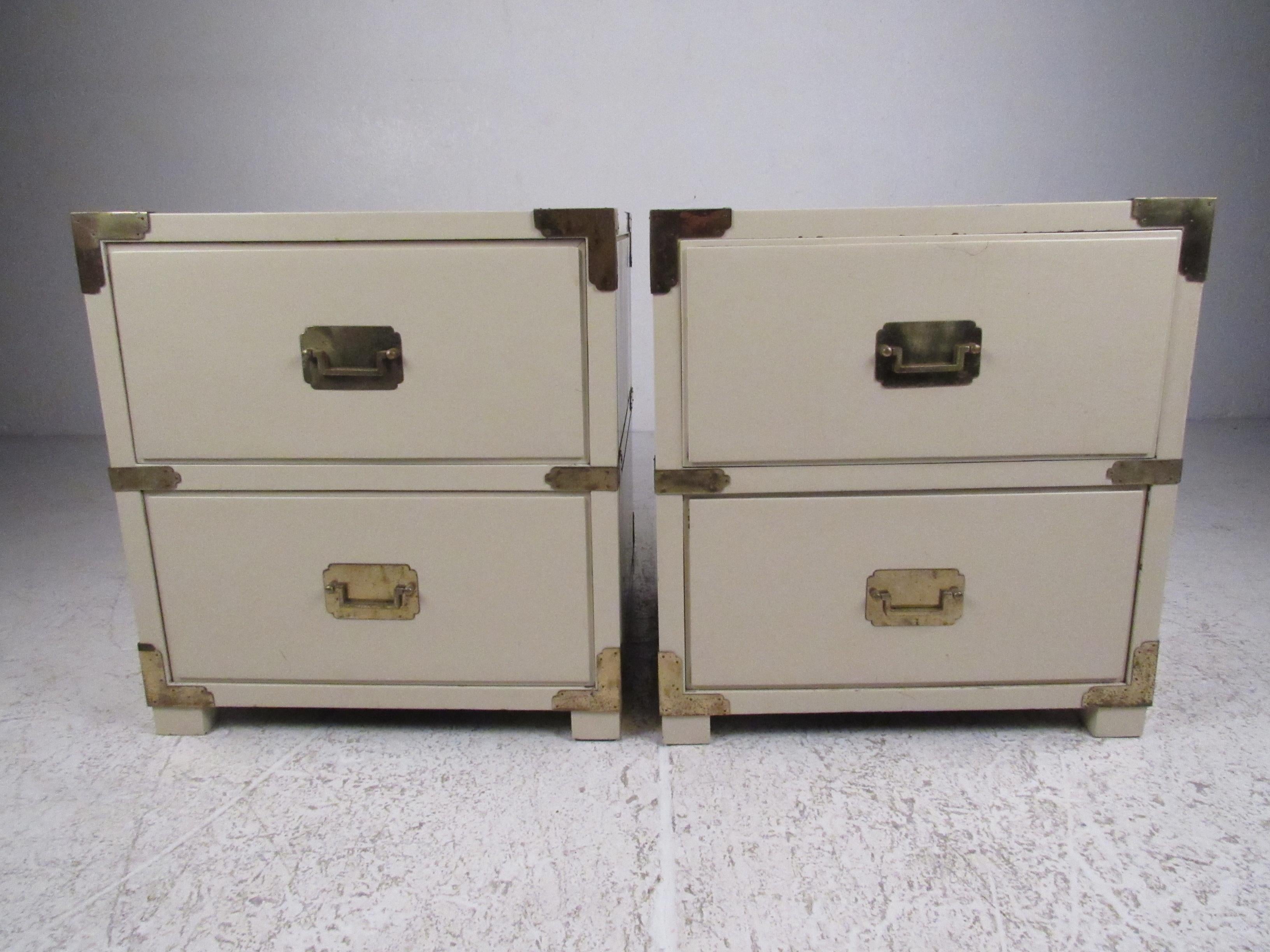 Pair of Campaign Style Two-Drawer Nightstands In Fair Condition In Brooklyn, NY