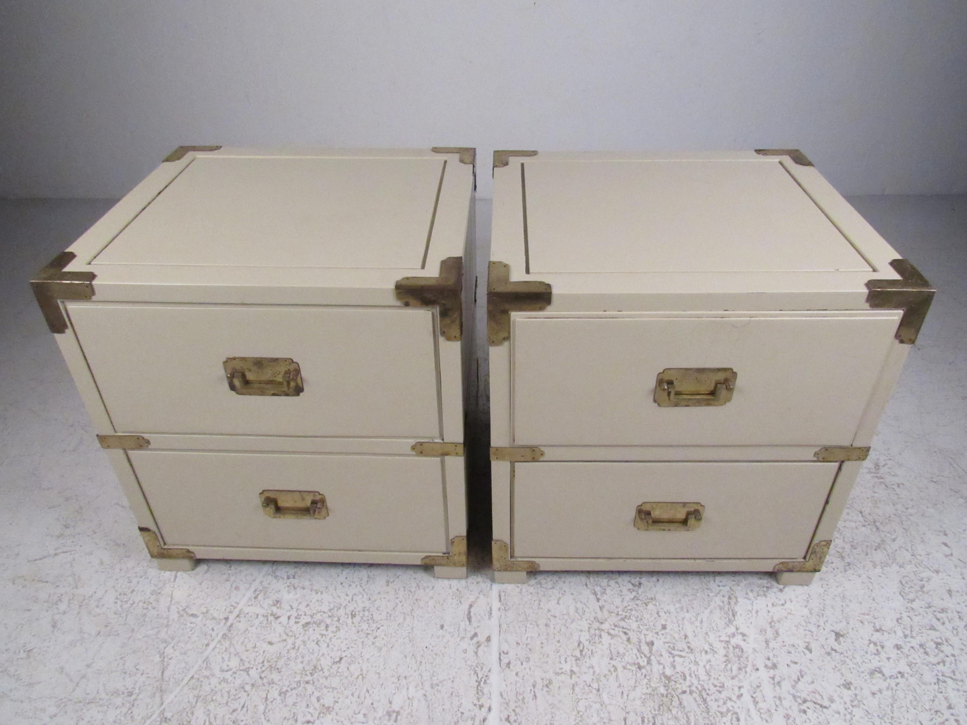 20th Century Pair of Campaign Style Two-Drawer Nightstands