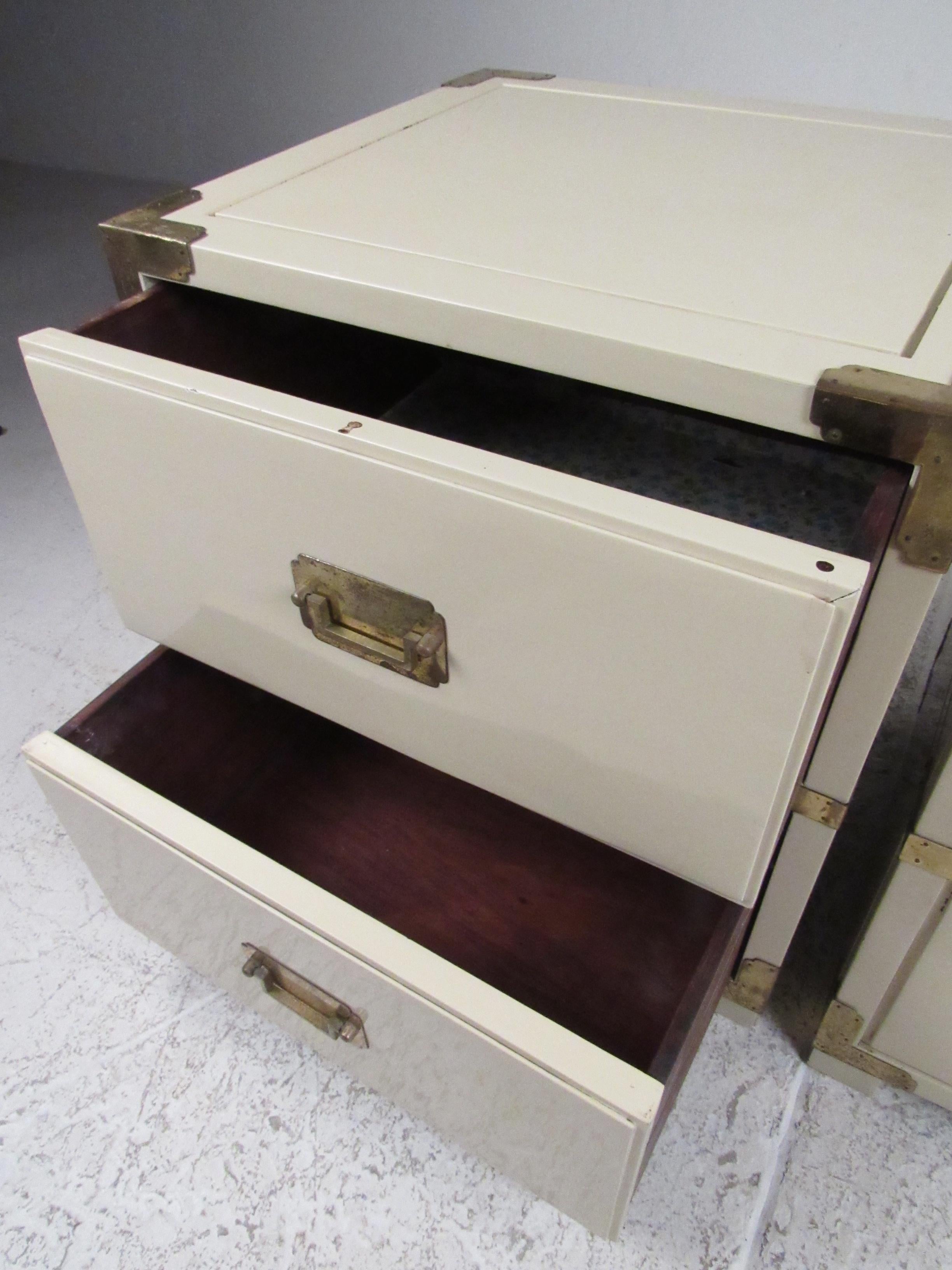 Paint Pair of Campaign Style Two-Drawer Nightstands