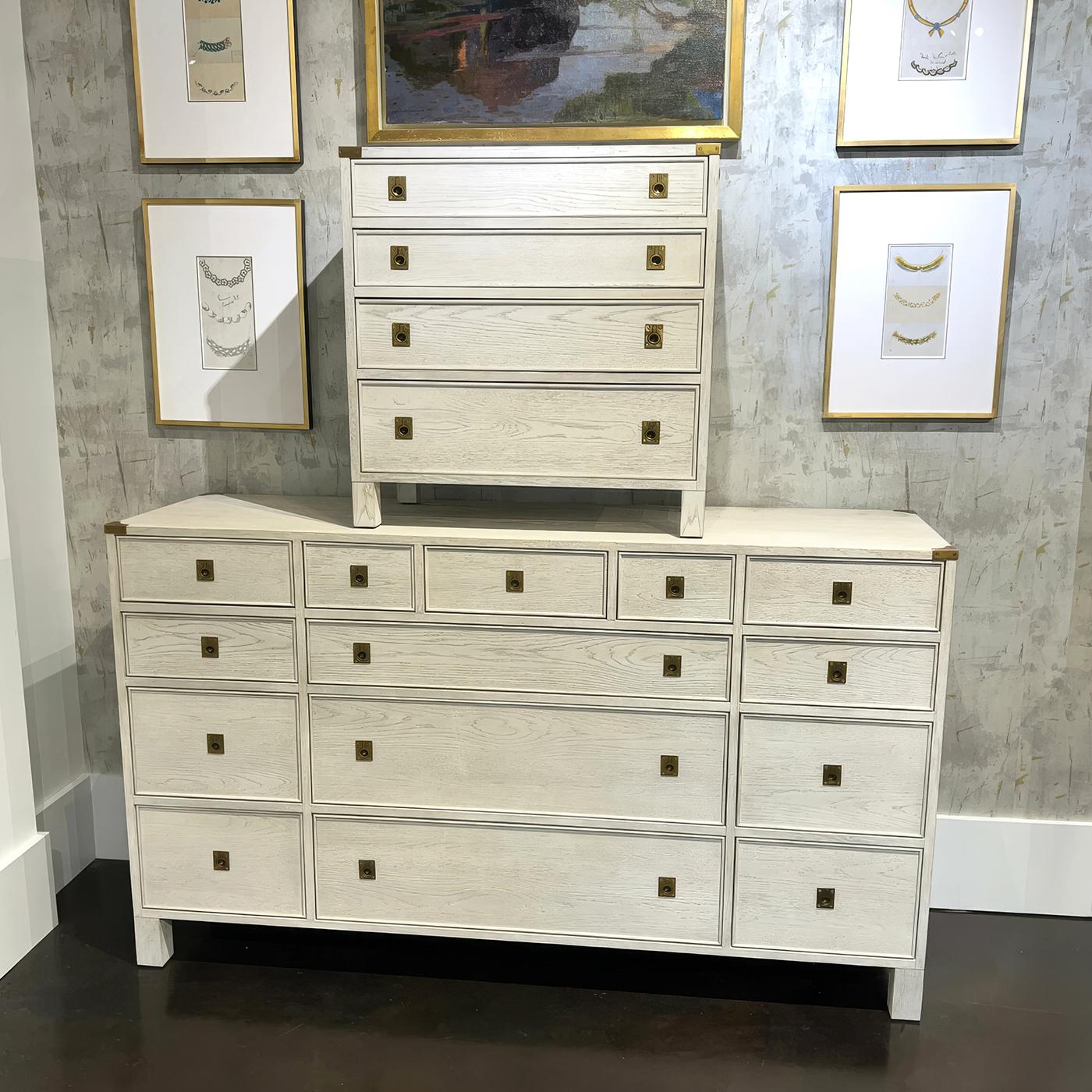 Brass Pair of Campaign Style White Oak Nightstands For Sale