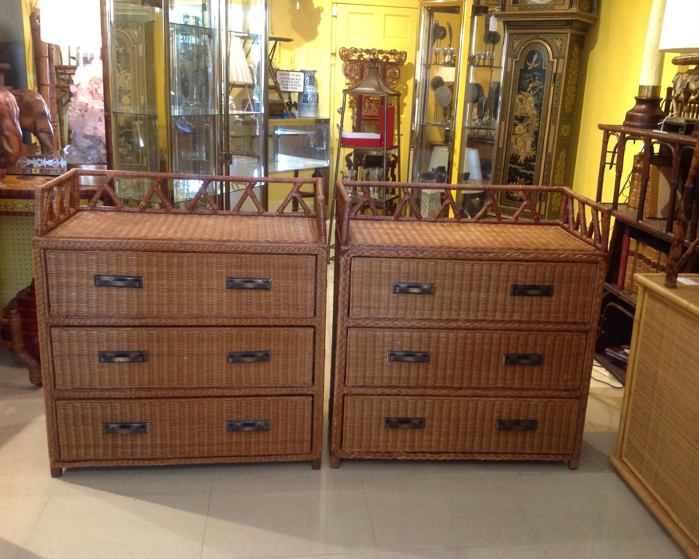British Colonial Pair of Campaign Style Wicker / Rattan Chests of Drawers