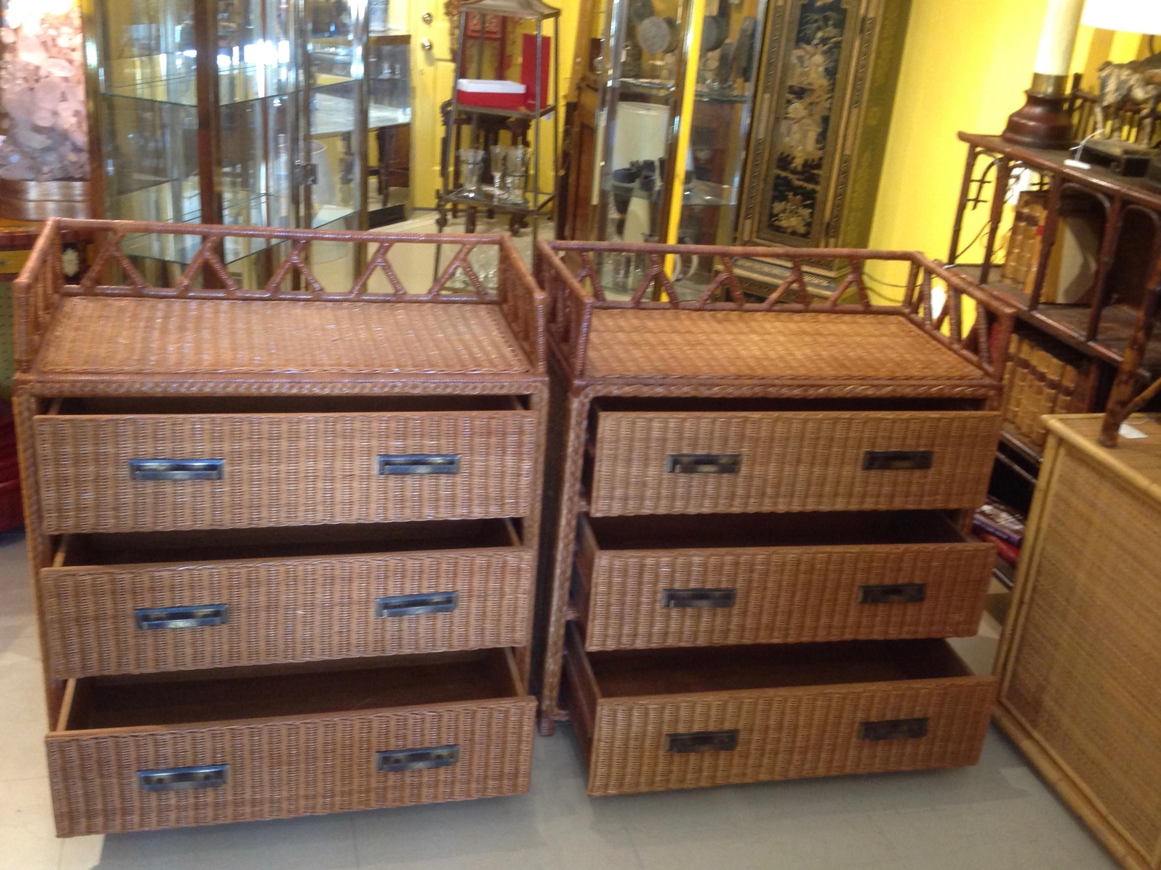 American Pair of Campaign Style Wicker / Rattan Chests of Drawers
