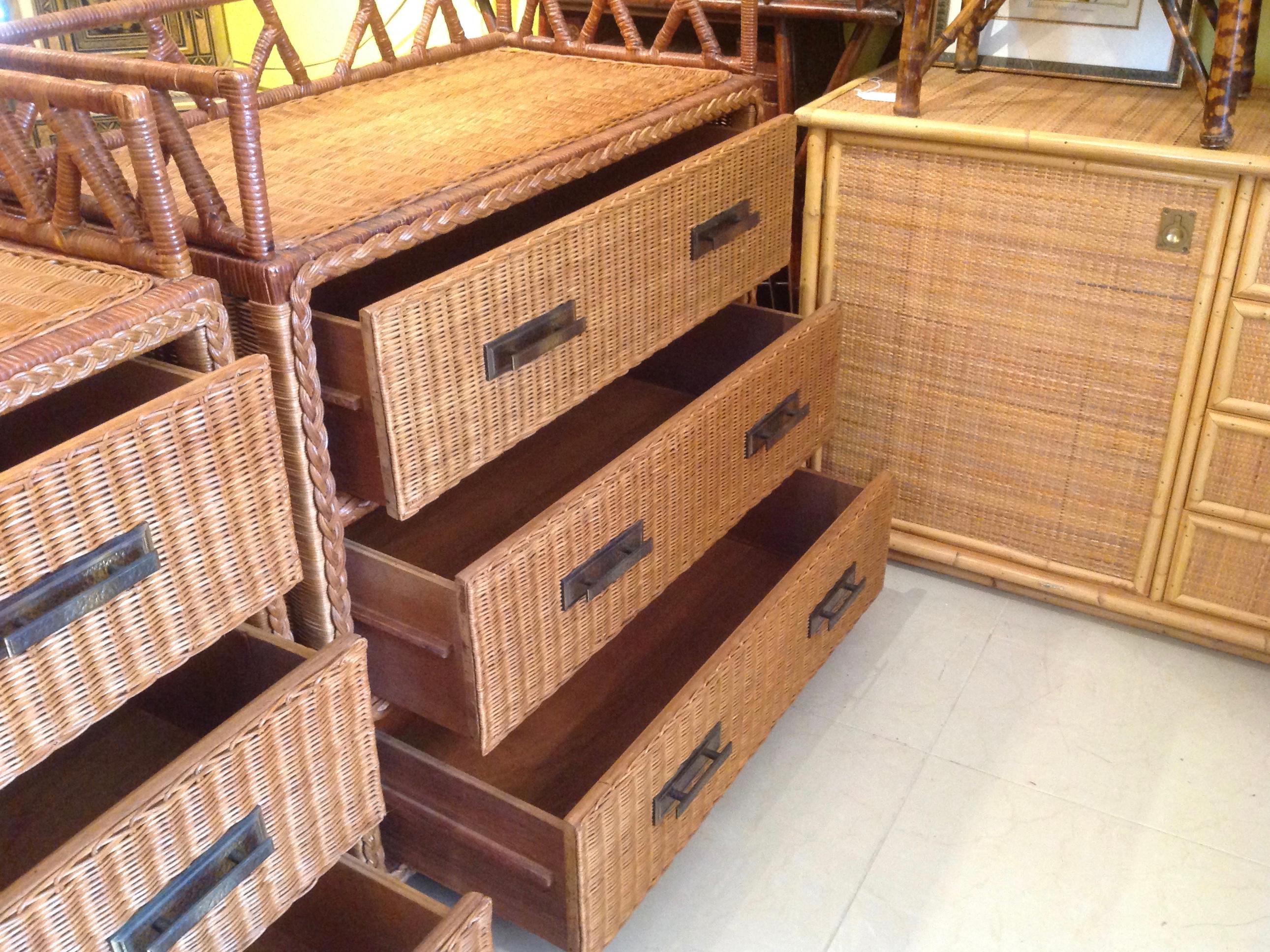 Pair of Campaign Style Wicker / Rattan Chests of Drawers In Good Condition In West Palm Beach, FL