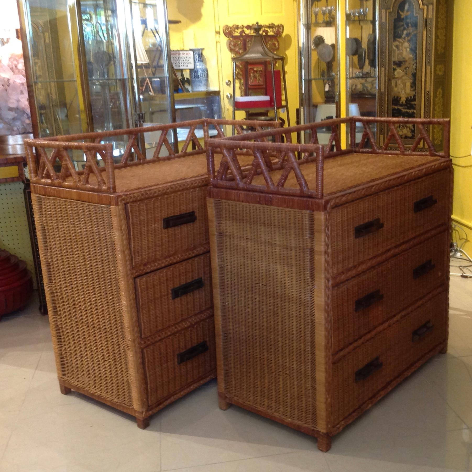 Late 20th Century Pair of Campaign Style Wicker / Rattan Chests of Drawers
