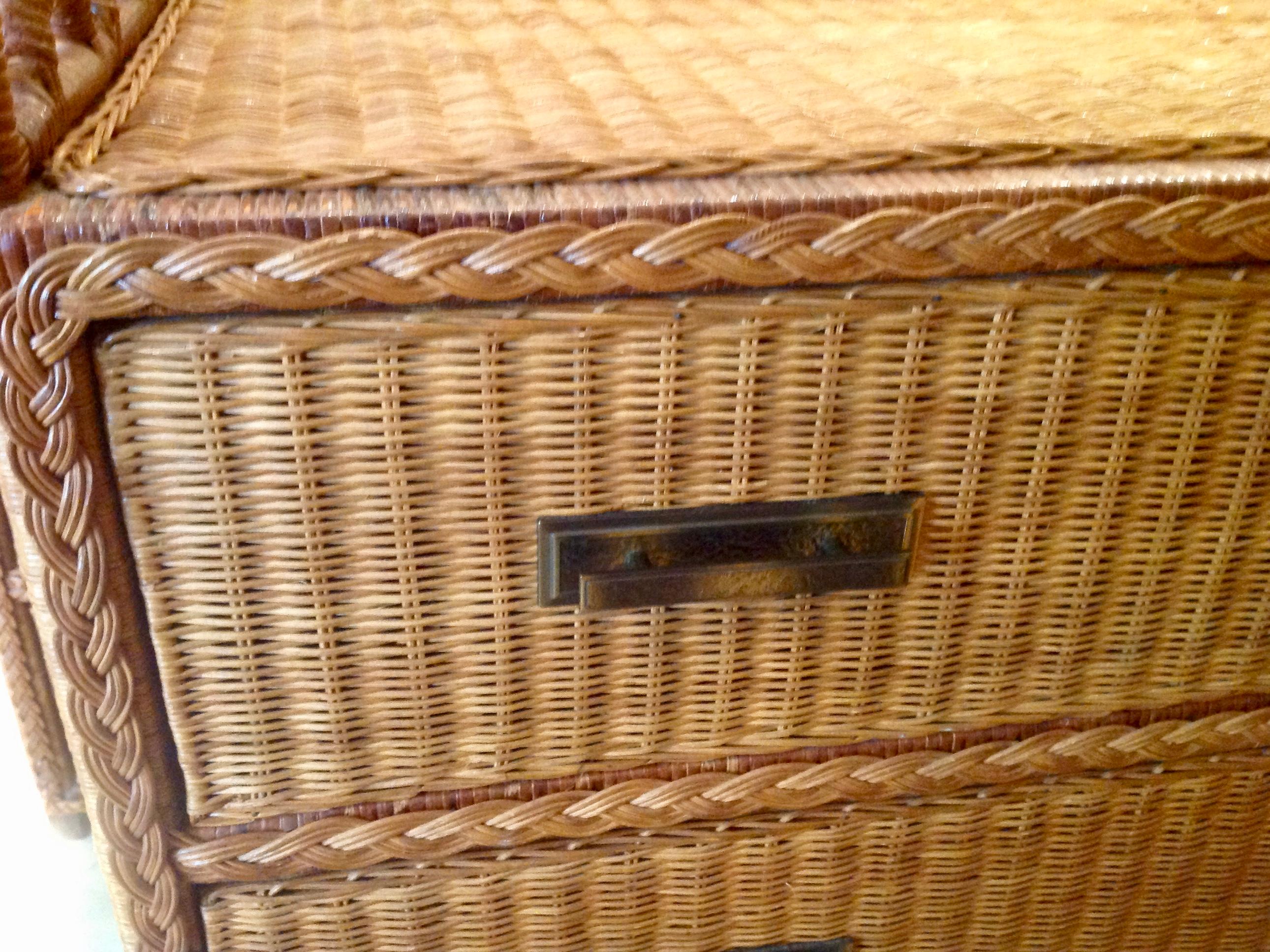 Metal Pair of Campaign Style Wicker / Rattan Chests of Drawers