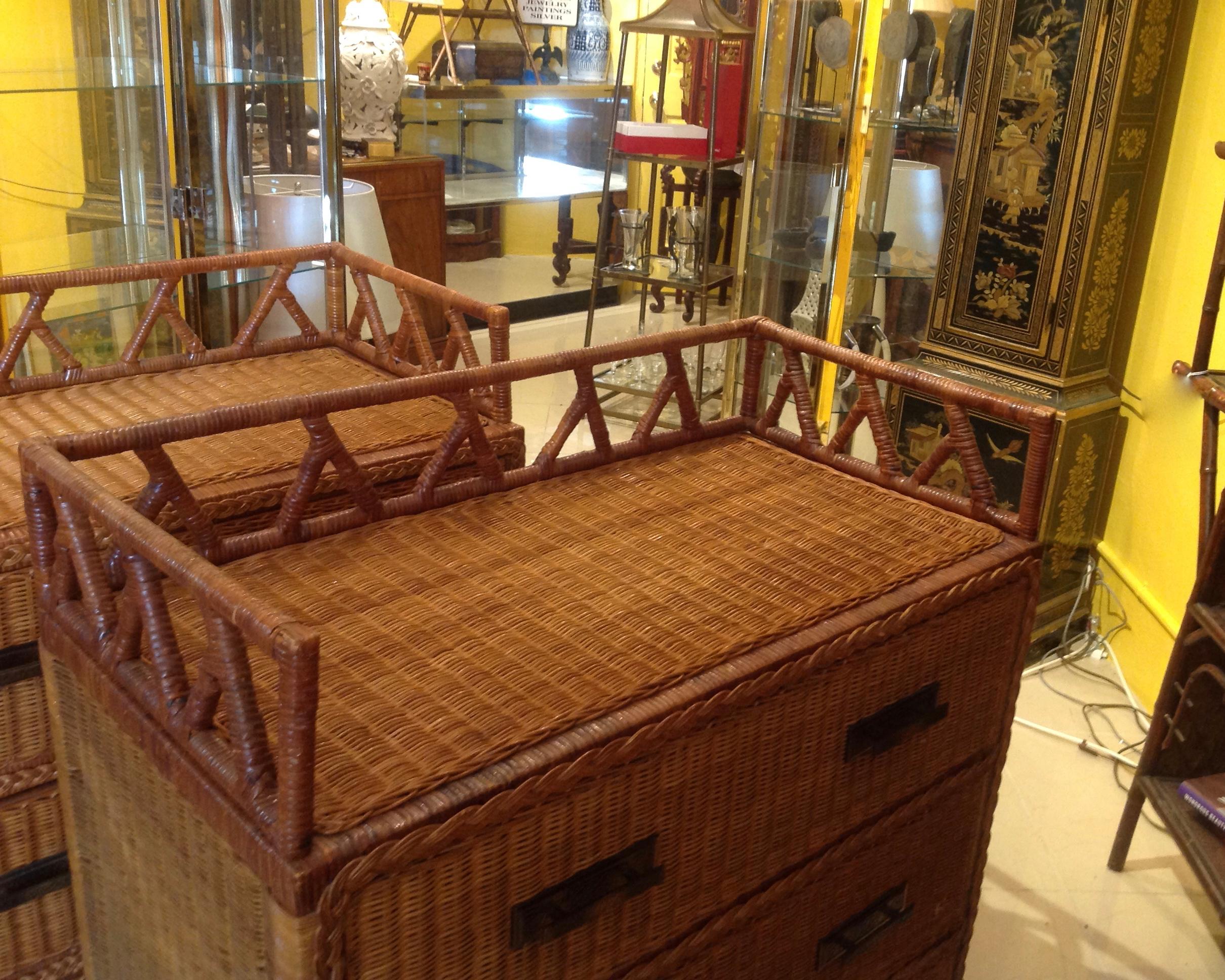 Pair of Campaign Style Wicker / Rattan Chests of Drawers 1