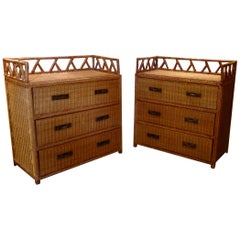 Vintage Pair of Campaign Style Wicker / Rattan Chests of Drawers