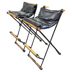 Pair of Campaign "X" Wrought Iron and Oak Bar Stools by Cleo Baldon for Terra