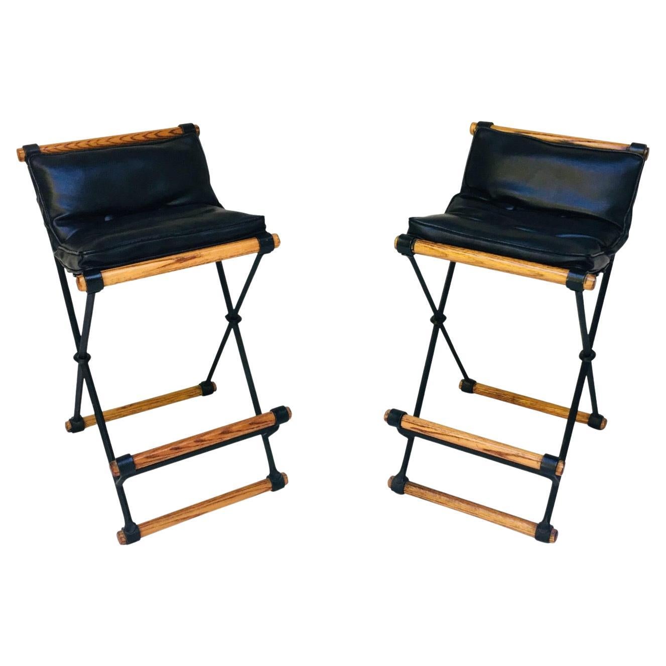 Pair of Campaign "X" Wrought Iron and Oak Bar Stools by Cleo Baldon for Terra