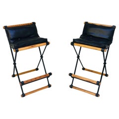 Pair of Campaign "X" Wrought Iron and Oak Bar Stools by Cleo Baldon for Terra
