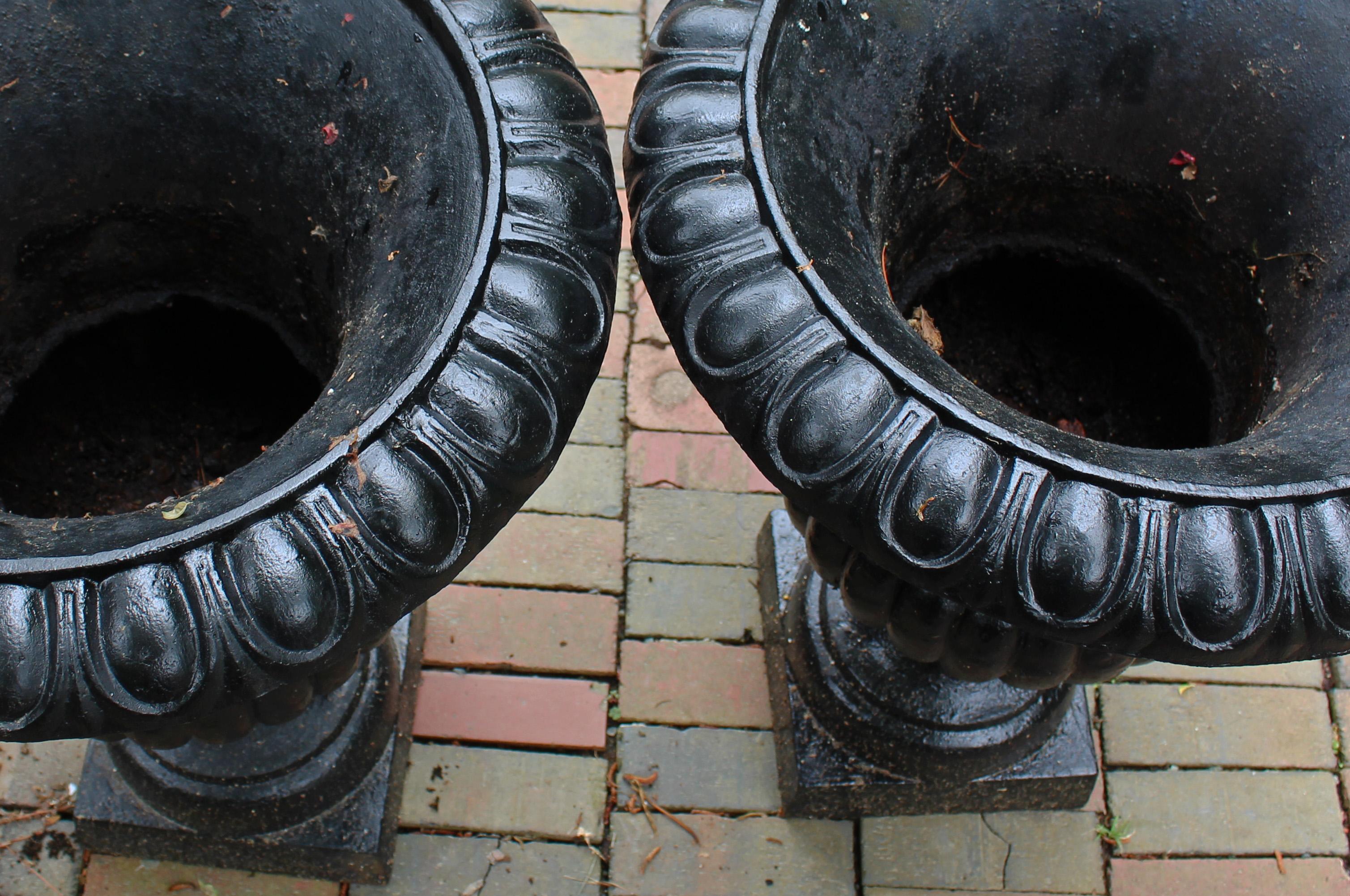 Pair of Campana Form Cast Iron Garden Urn Planters, Neoclassical Style 5