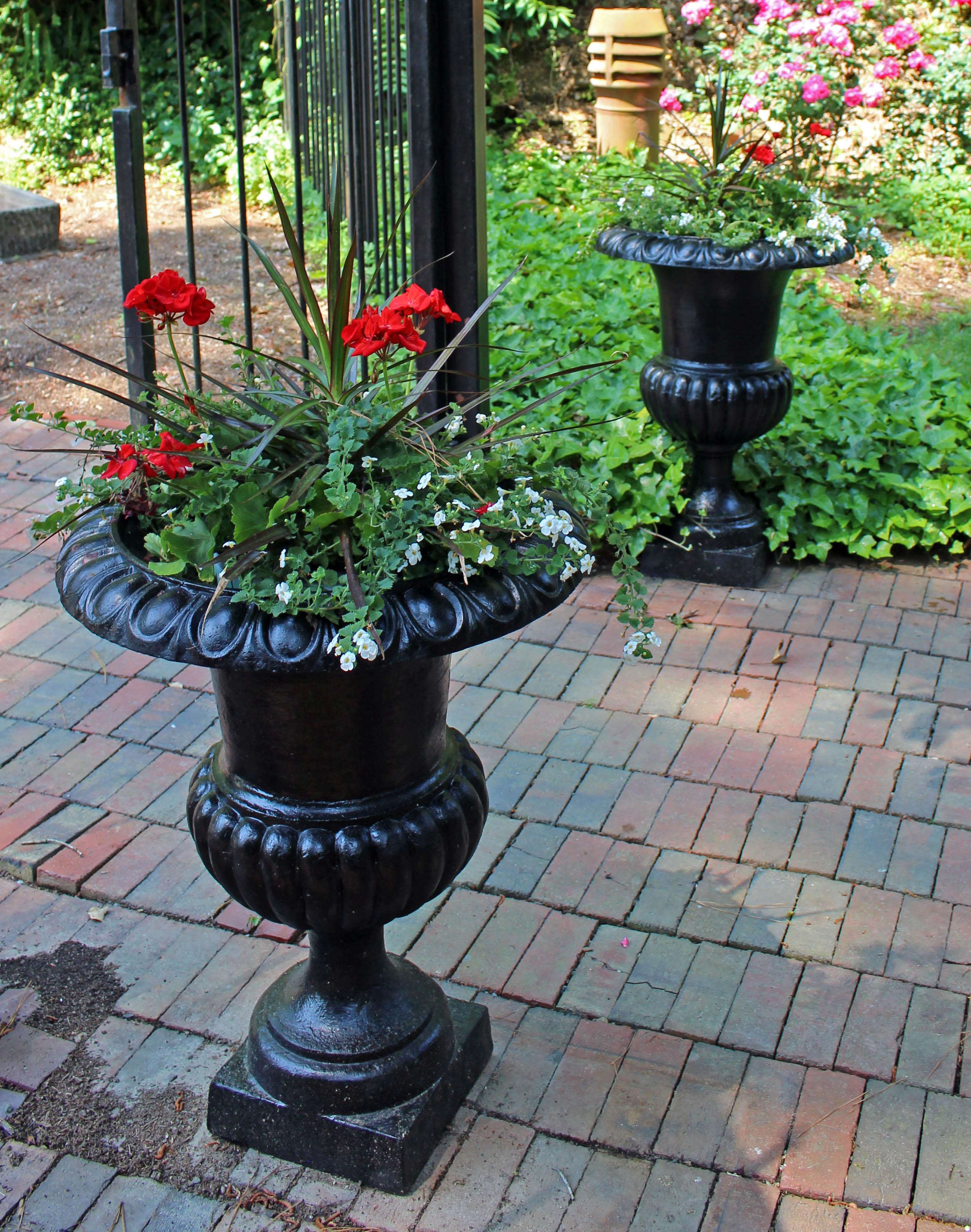 19th Century Pair of Campana Form Cast Iron Garden Urn Planters, Neoclassical Style