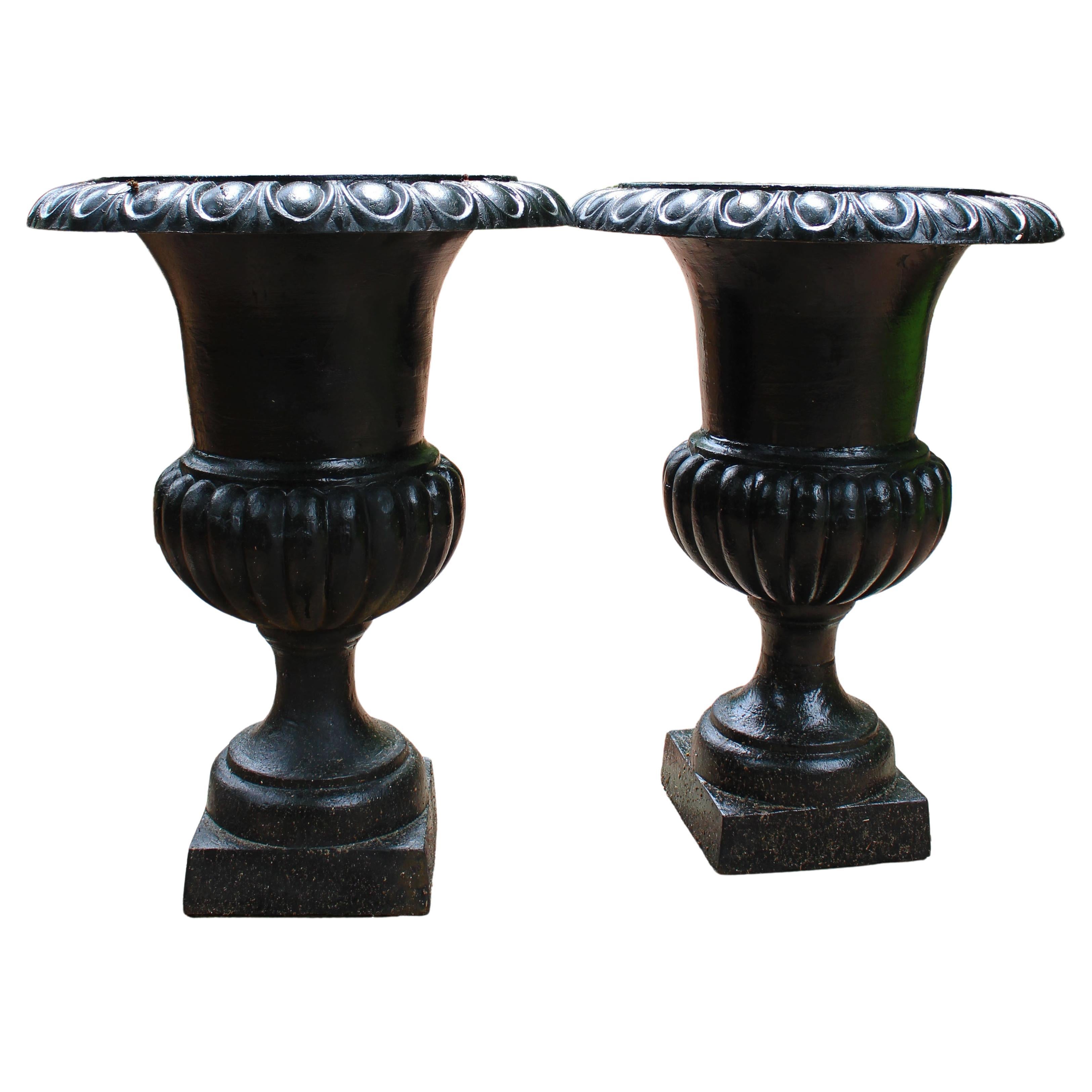 Pair of Campana Form Cast Iron Garden Urn Planters, Neoclassical Style
