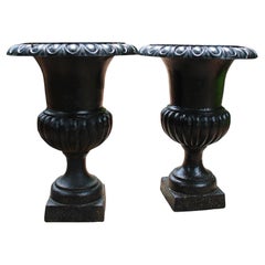 Pair of Campana Form Cast Iron Garden Urn Planters, Neoclassical Style