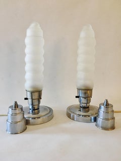 Pair of Canadian Art Deco Chrome & Frosted Glass Boudoir Lamps by Florentine