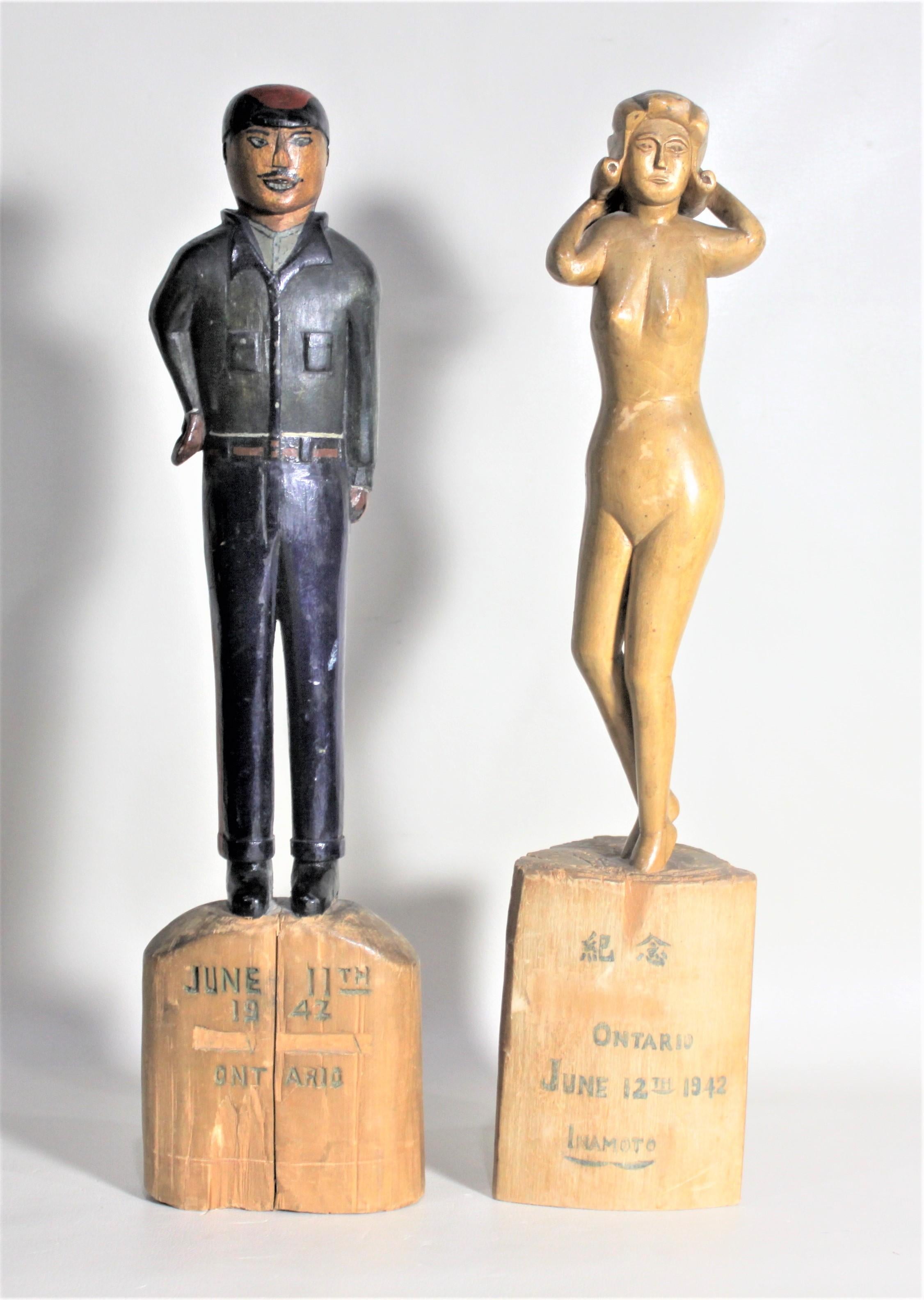 Pair of Canadian Folk Art Carved Japanese Internment Camp Figures or Sculptures For Sale 5