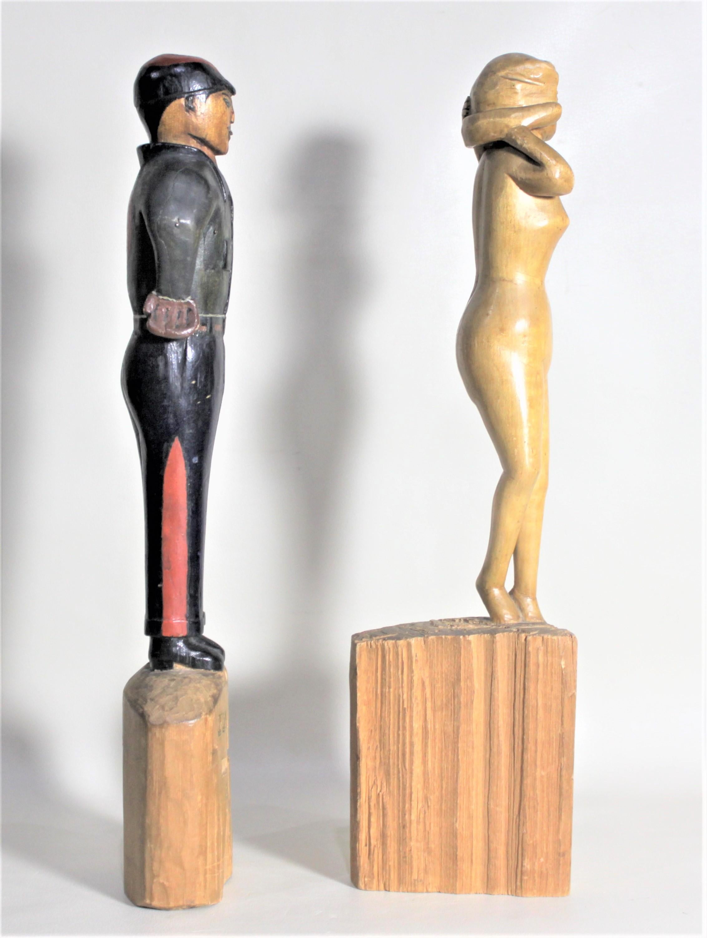 Hand-Carved Pair of Canadian Folk Art Carved Japanese Internment Camp Figures or Sculptures For Sale