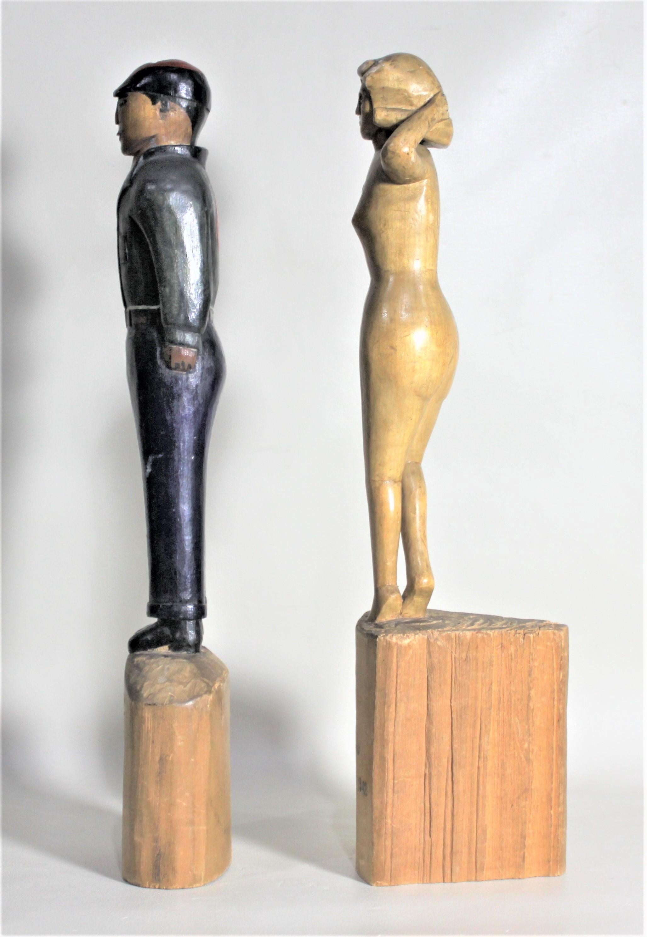 20th Century Pair of Canadian Folk Art Carved Japanese Internment Camp Figures or Sculptures For Sale