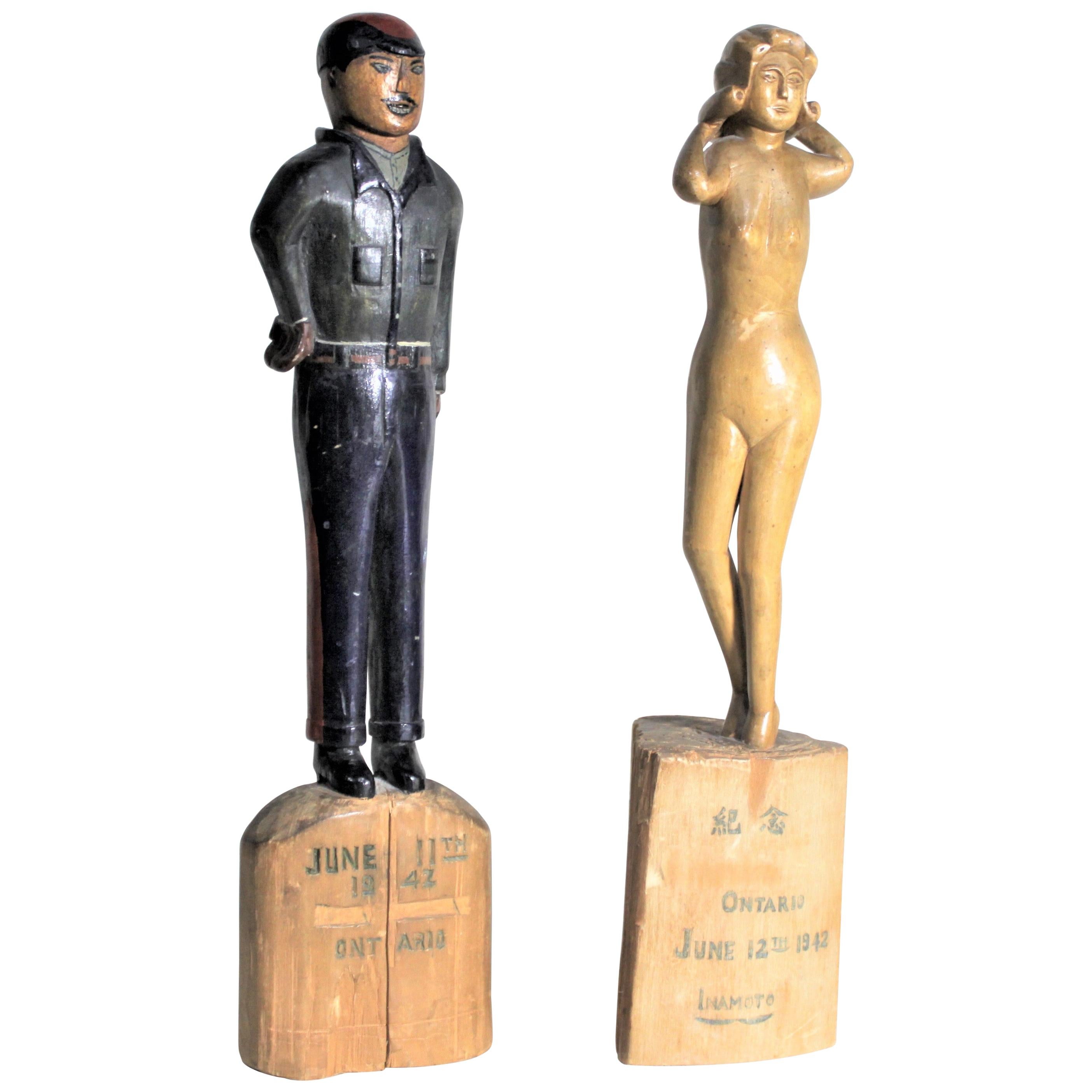 Pair of Canadian Folk Art Carved Japanese Internment Camp Figures or Sculptures