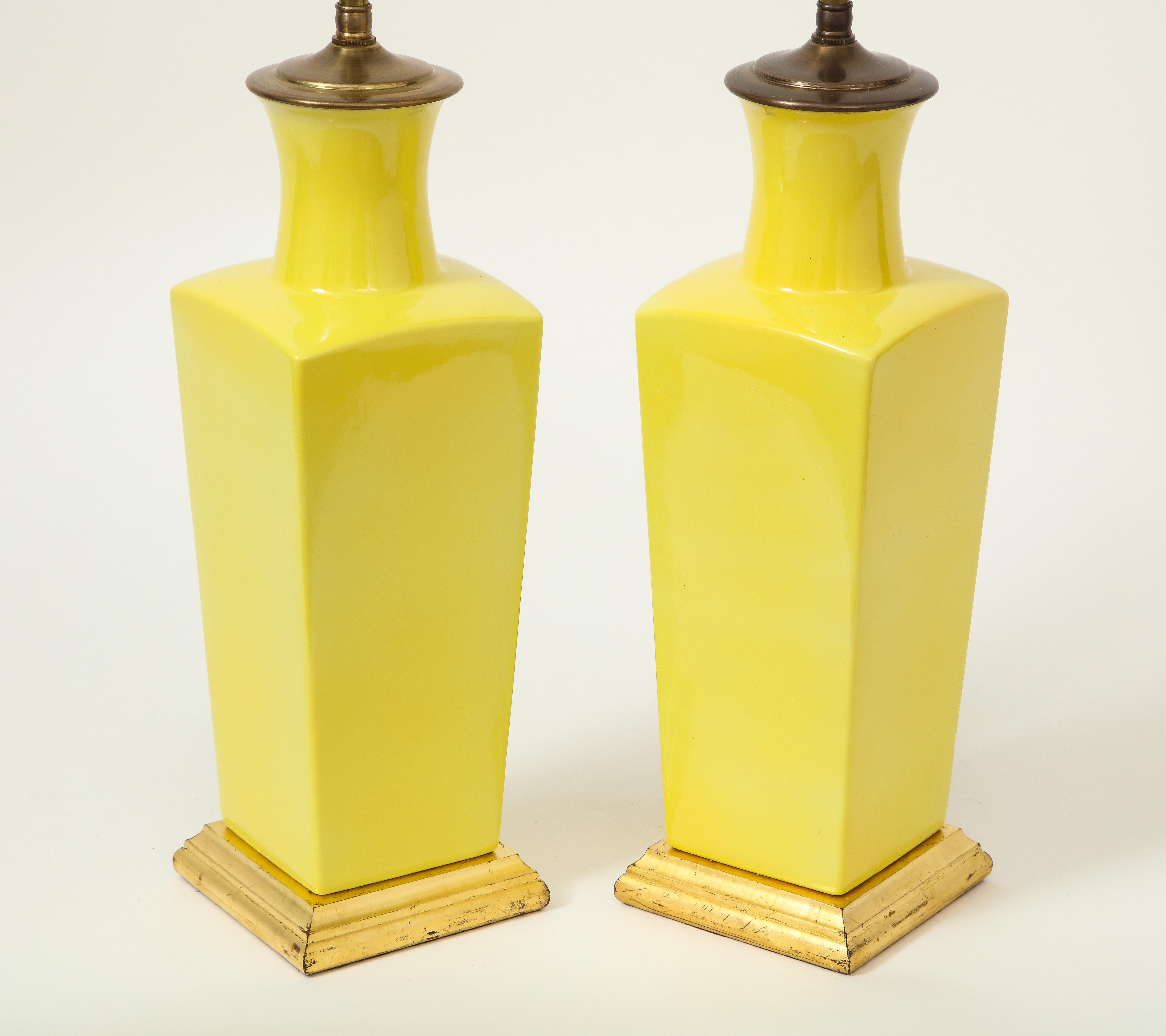Pair of Canary Yellow Porcelain Vases as Lamps In Good Condition For Sale In New York, NY
