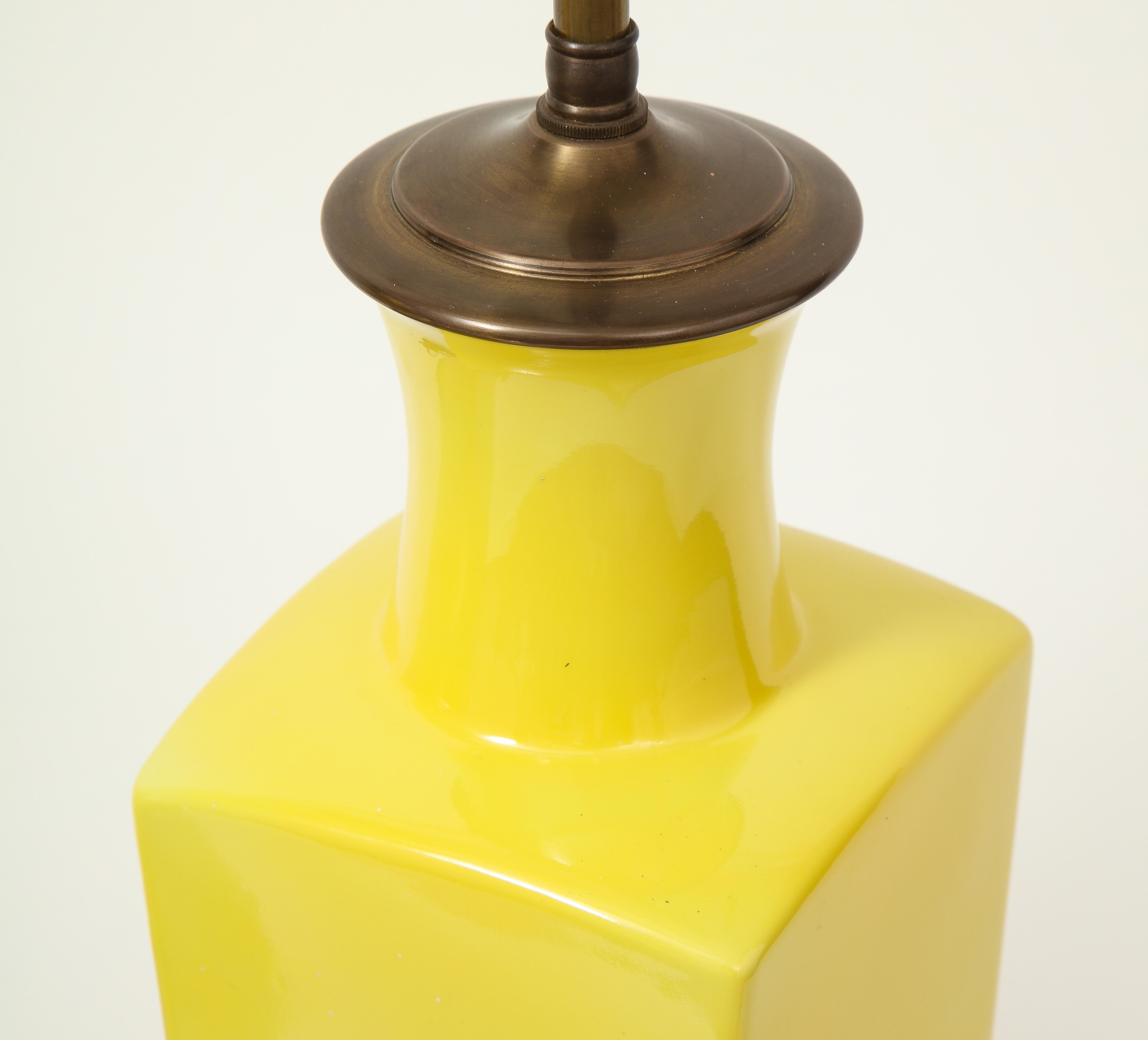 Pair of Canary Yellow Porcelain Vases as Lamps For Sale 1