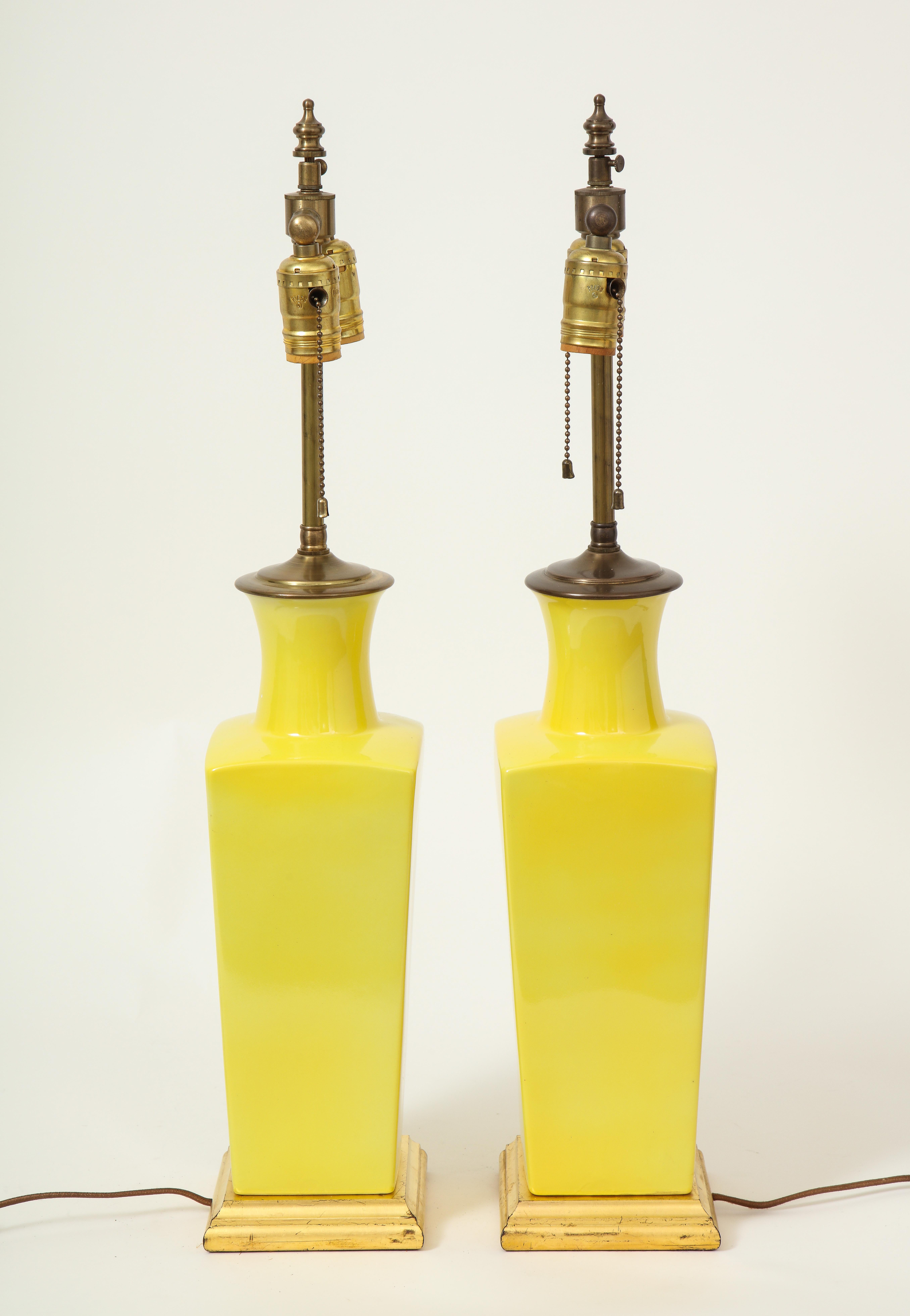 Pair of Canary Yellow Porcelain Vases as Lamps For Sale 3