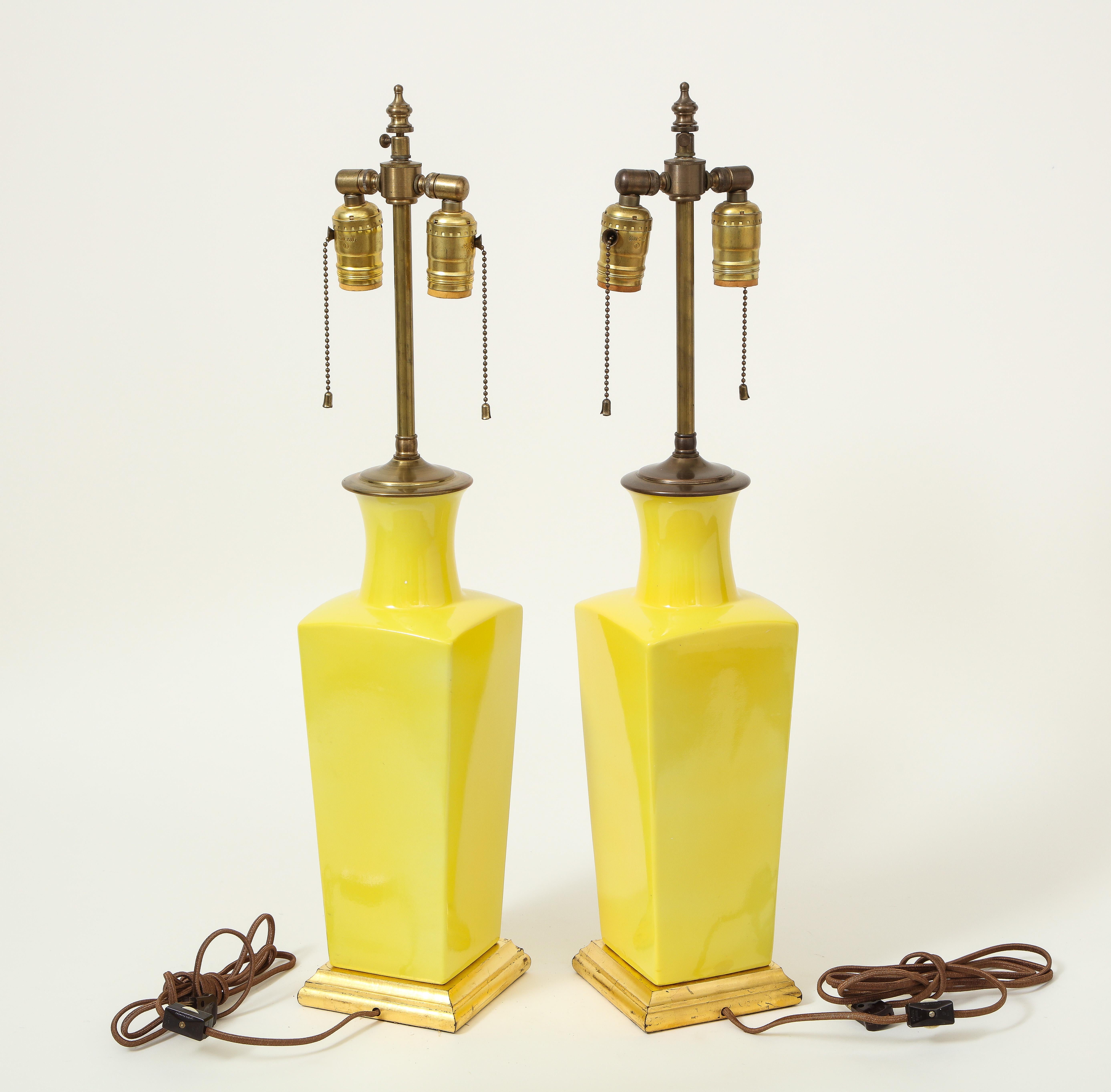 Pair of Canary Yellow Porcelain Vases as Lamps For Sale 4