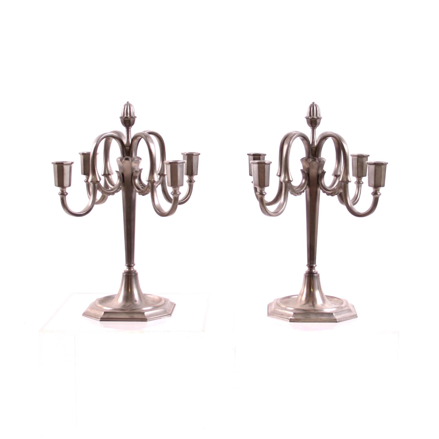 Scandinavian Modern Pair of Candalabras JL Hultman for Svenskt Tenn, Pewter, Sweden 1930s For Sale