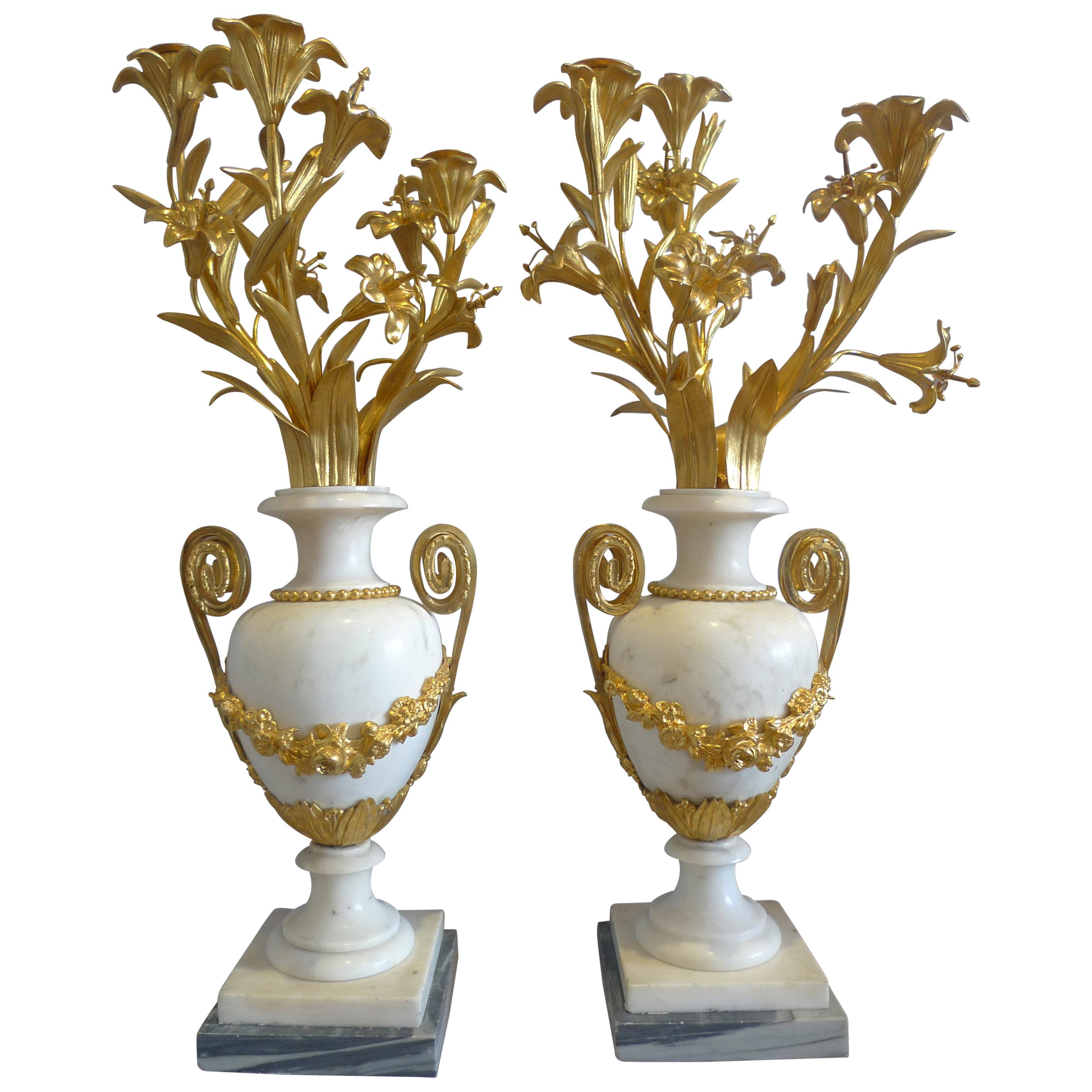 Pair of Candelabra Gilt Bronze Mounted White Marble Baluster Shape