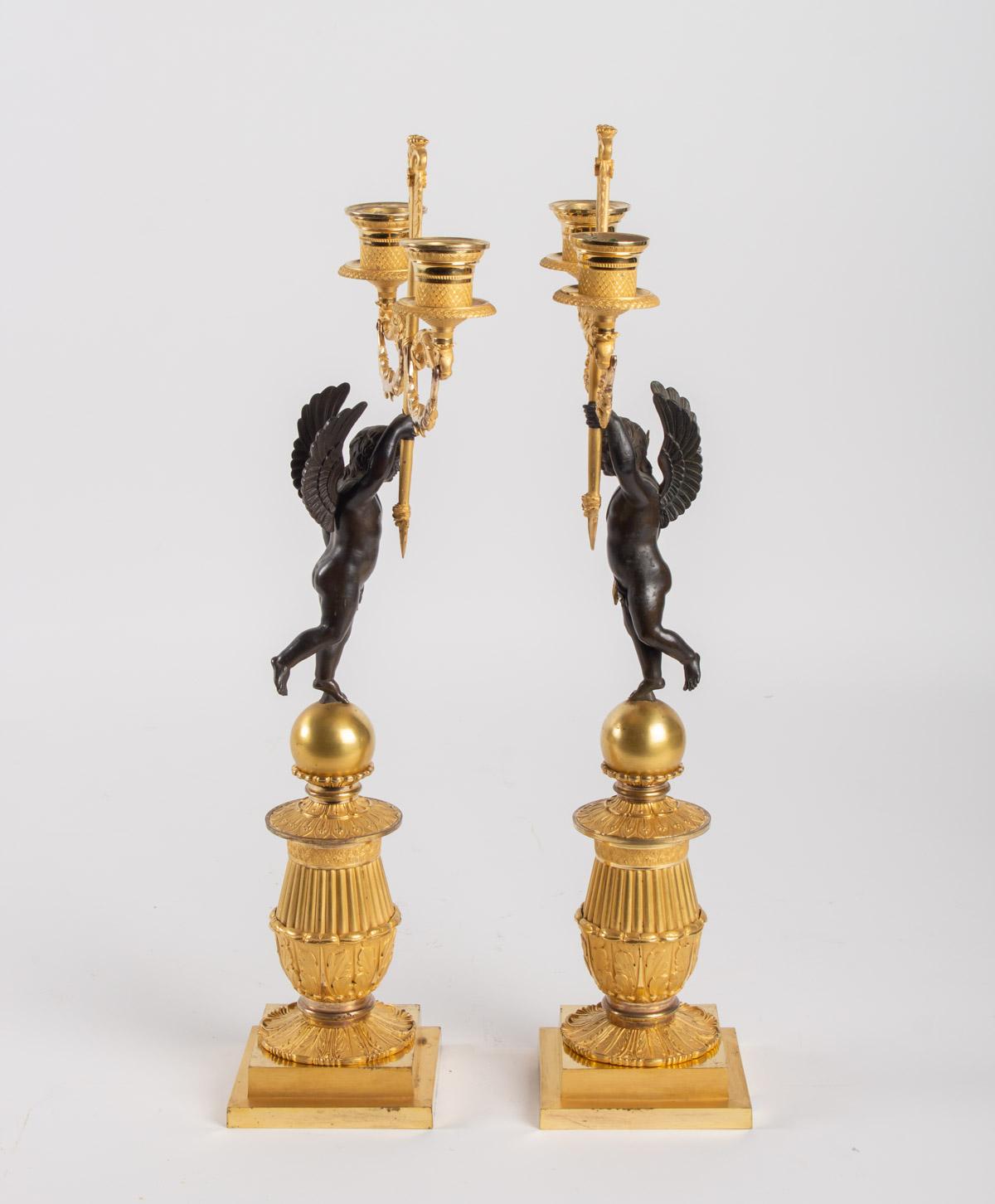 Louis XVI Pair of Candelabra in Gilt Bronze and Patinated, 19th Century