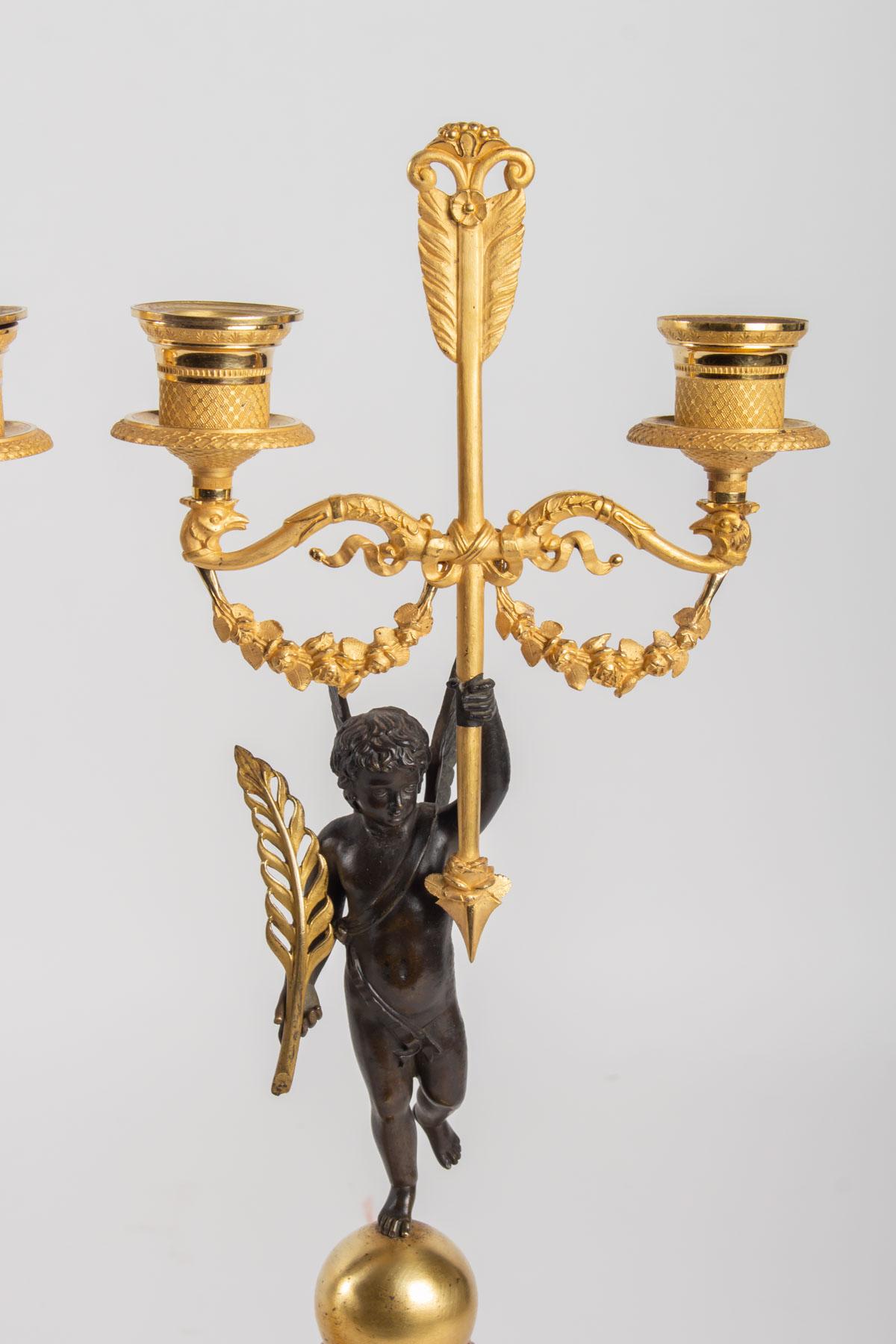 French Pair of Candelabra in Gilt Bronze and Patinated, 19th Century