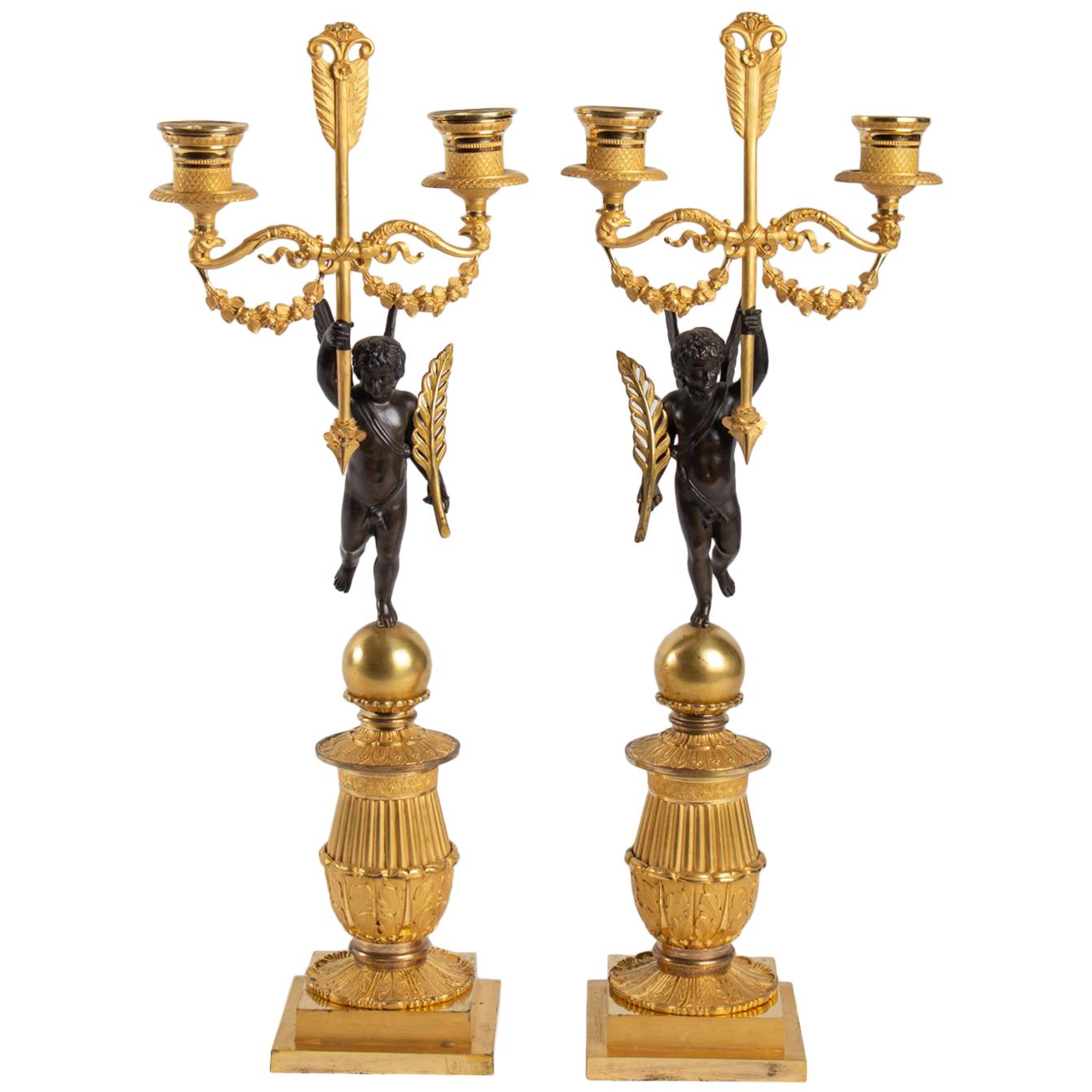 Pair of Candelabra in Gilt Bronze and Patinated, 19th Century