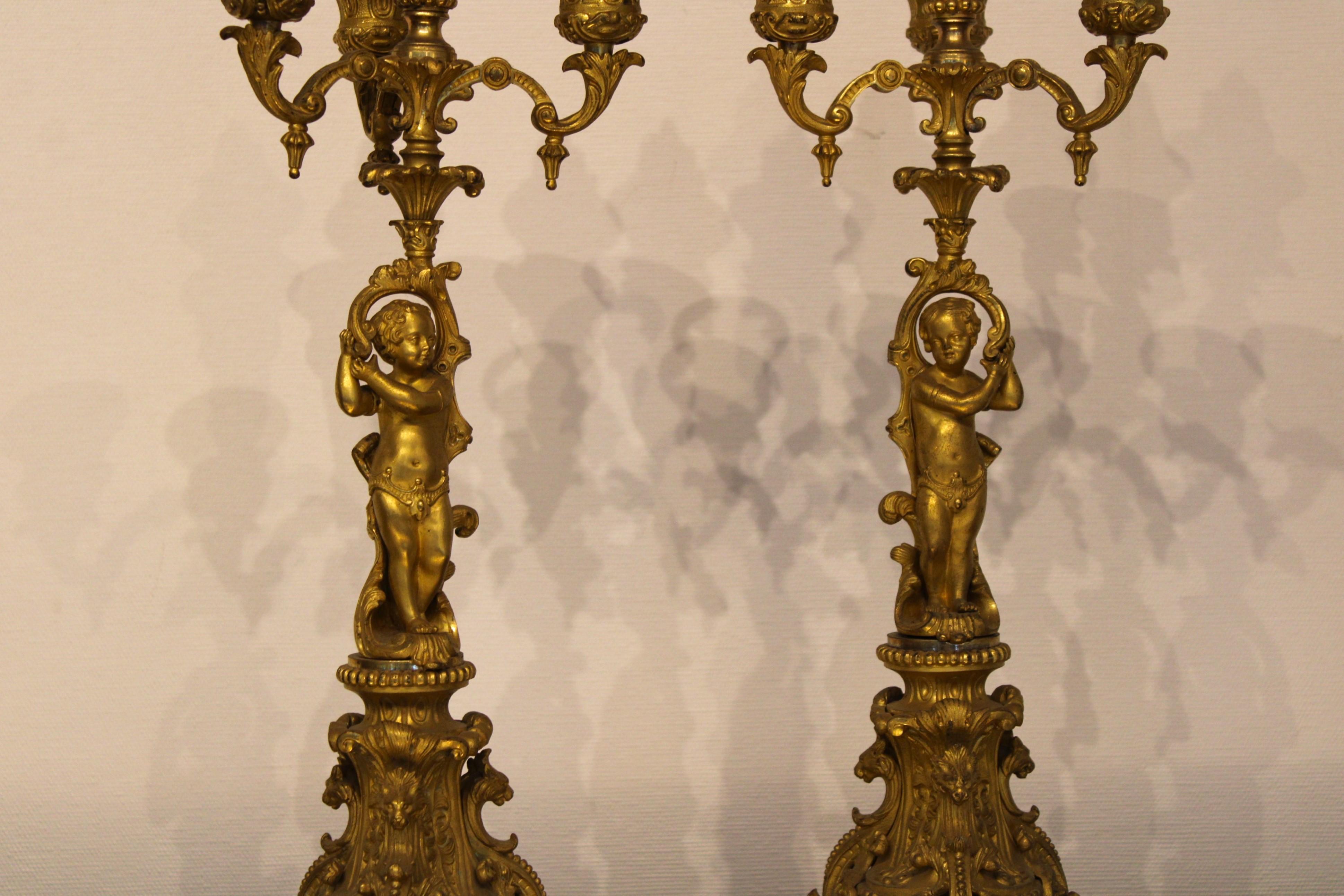 French Pair of Candelabra in Gilted Bronze, France, late 19th Century For Sale