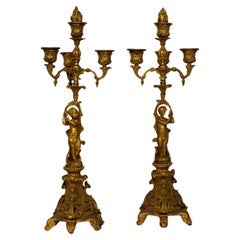 Antique Pair of Candelabra in Gilted Bronze, France, late 19th Century