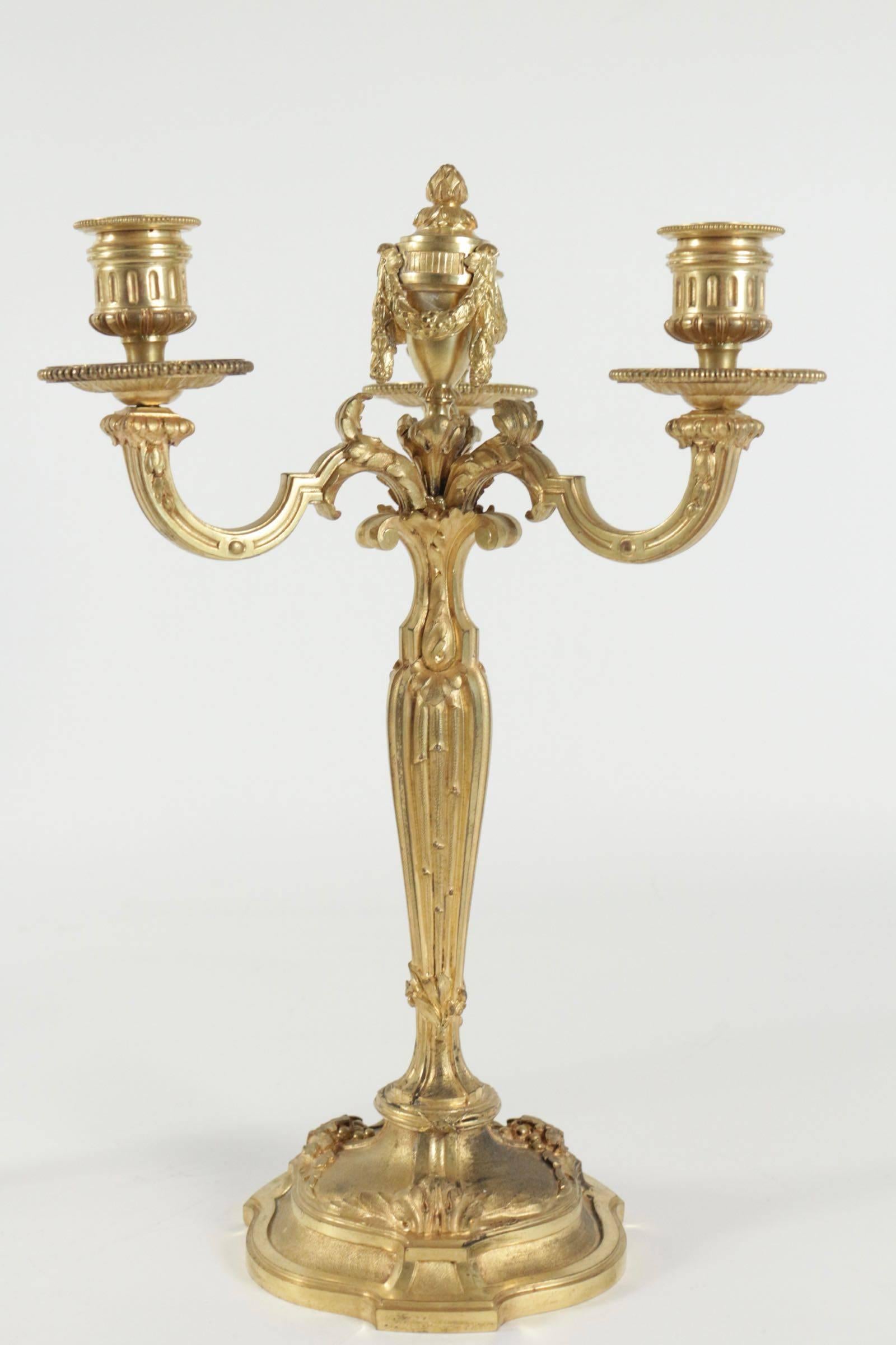 French Pair of Candelabra in the Style of Louis XV in Gold Gilt Bronze, 19th Century For Sale
