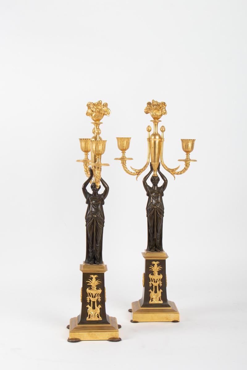 Pair Of Candelabra, Restoration Period, Double Patina, Gilt Bronze, 3 Arms Of Light, 1830
h: 50cm, W: 19cm, D: 10cm