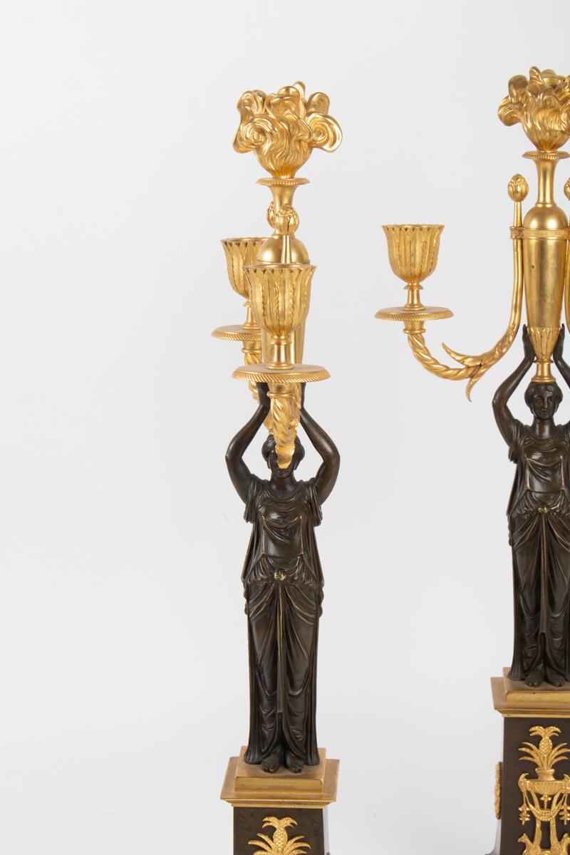 French Pair Of Candelabra, Restoration Period, Double Patina, Gilt Bronze