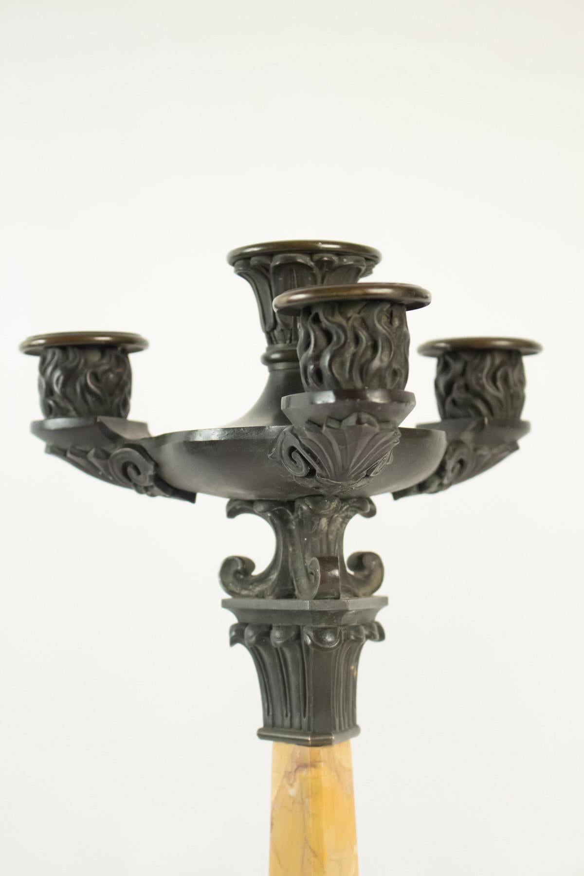 French Pair of Candelabra Restoration Period in Yellow Marble of Siena