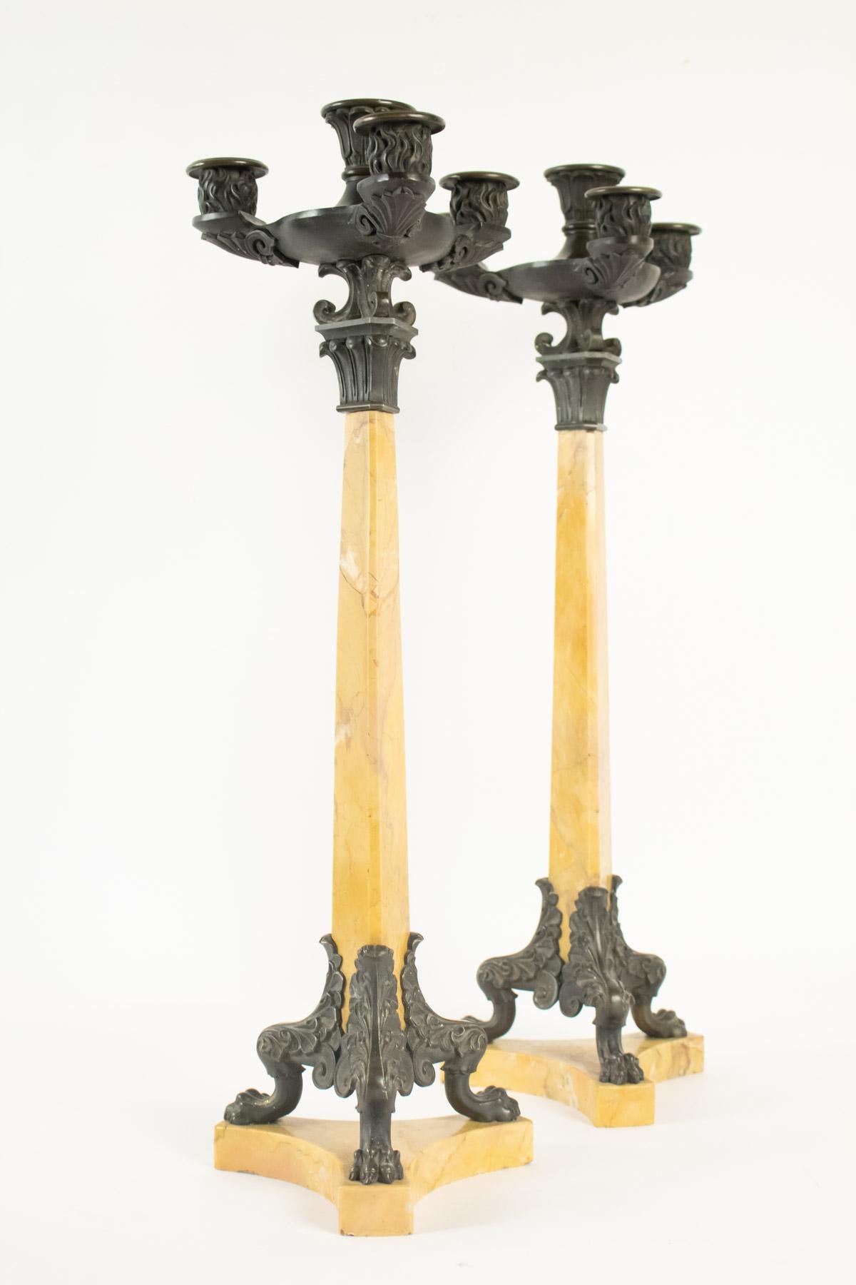 Patinated Pair of Candelabra Restoration Period in Yellow Marble of Siena
