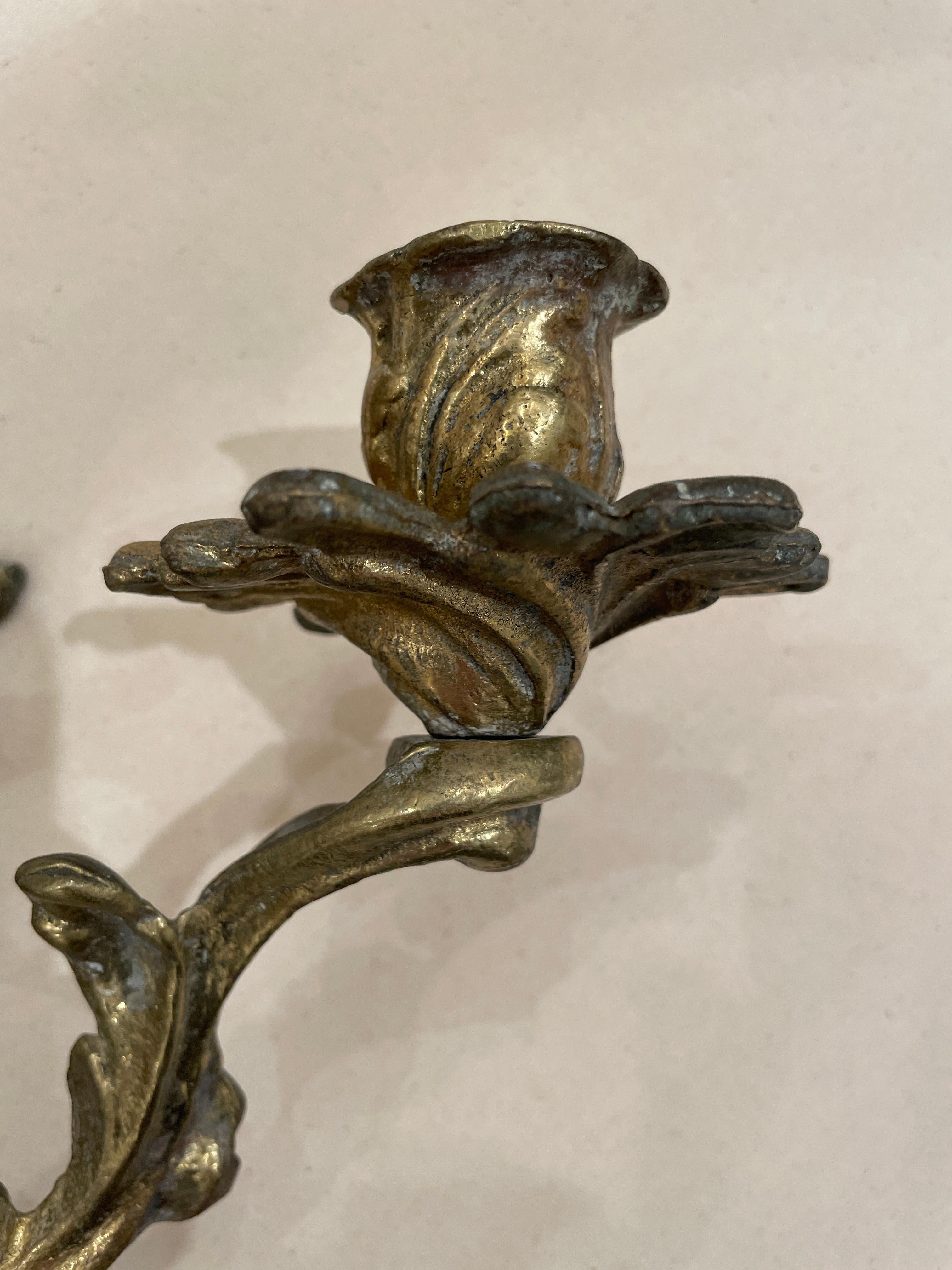 Pair of Candelabra Sconces, 3 Arm, Bronze, Rococo, French In Fair Condition In New Orleans, LA