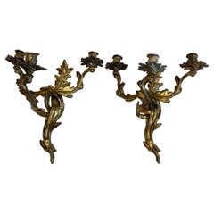 Pair of Candelabra Sconces, 3 Arm, Bronze, Rococo, French