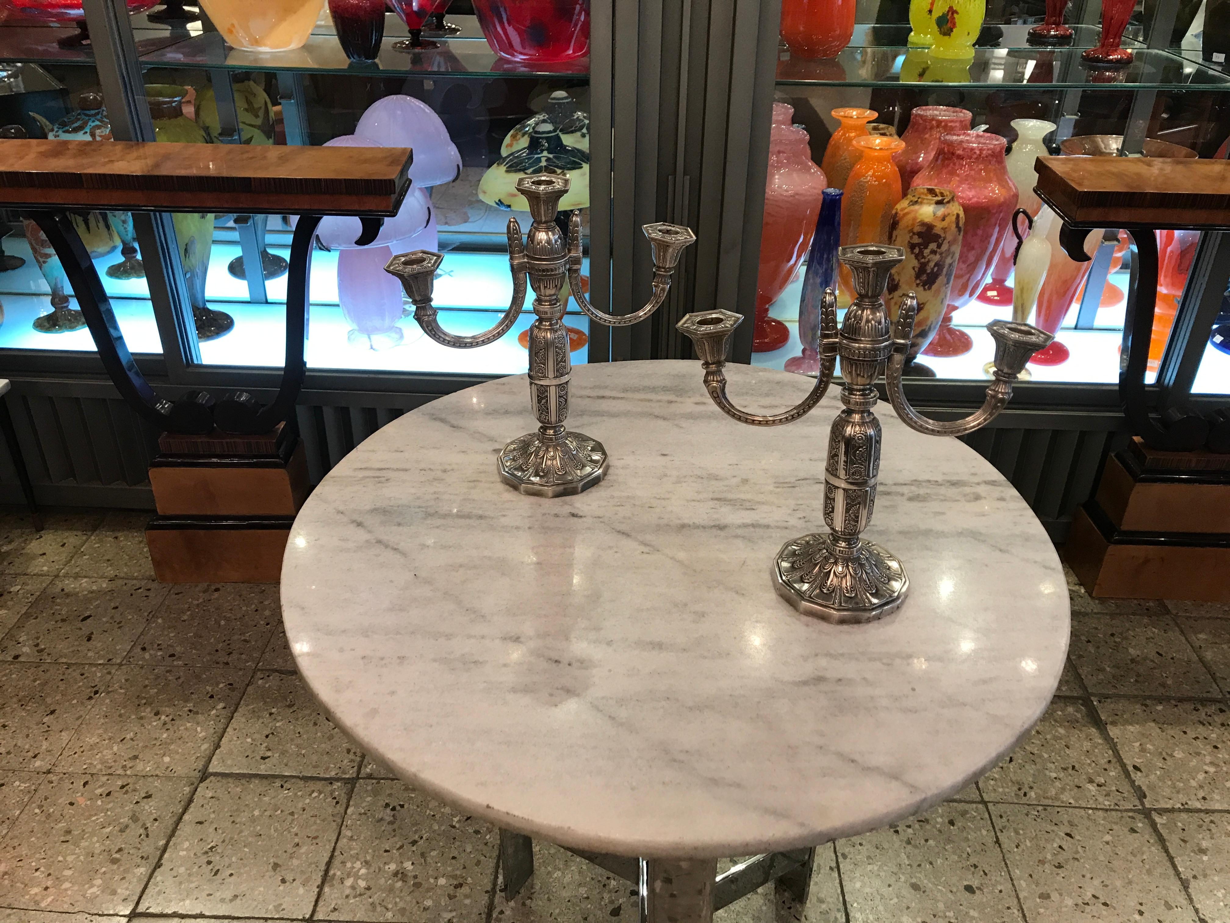 Mid-20th Century Pair of Candelabras, Art Deco in Silverplated, 1930 For Sale