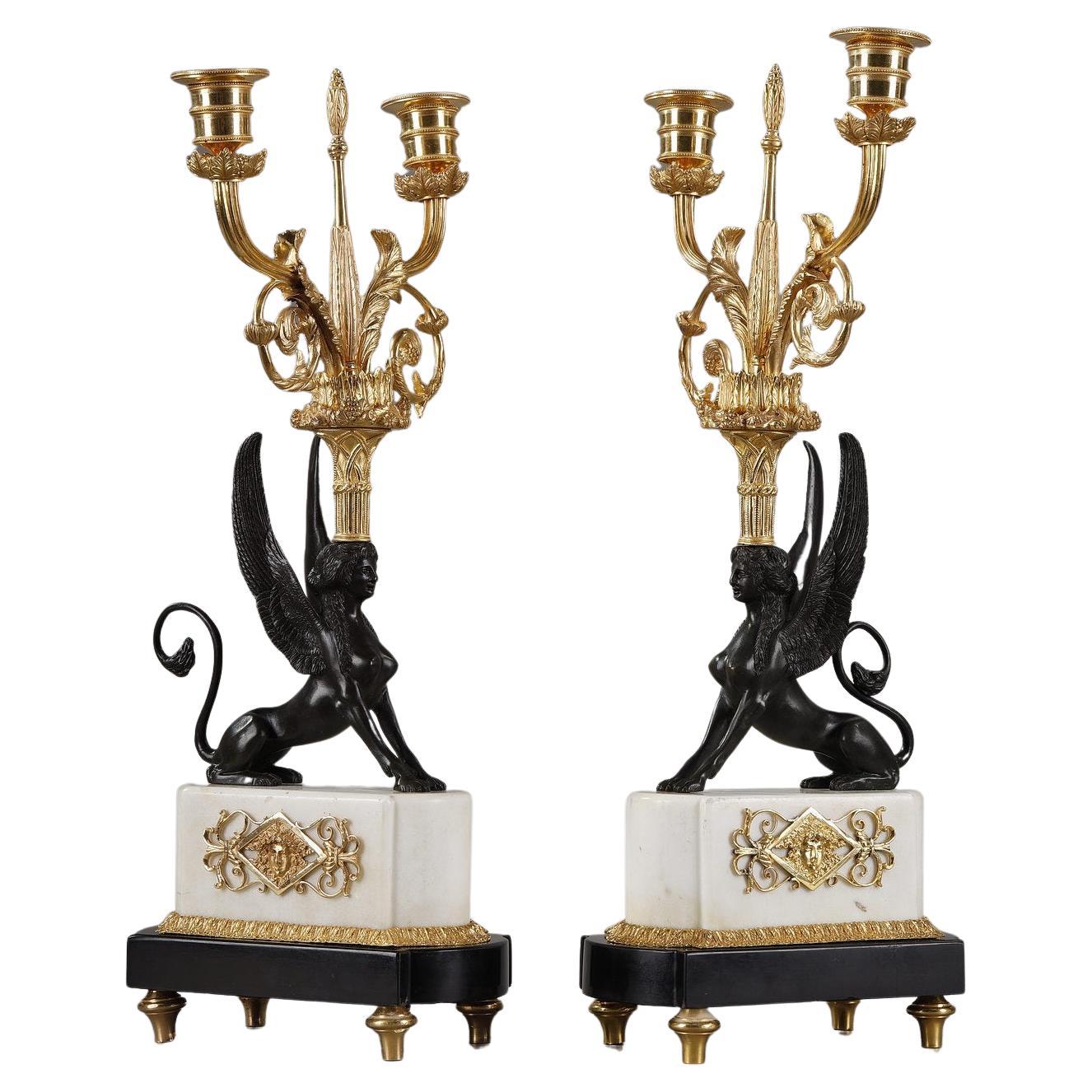 Pair of Candelabras "Aux Sphinges", Directoire Period For Sale